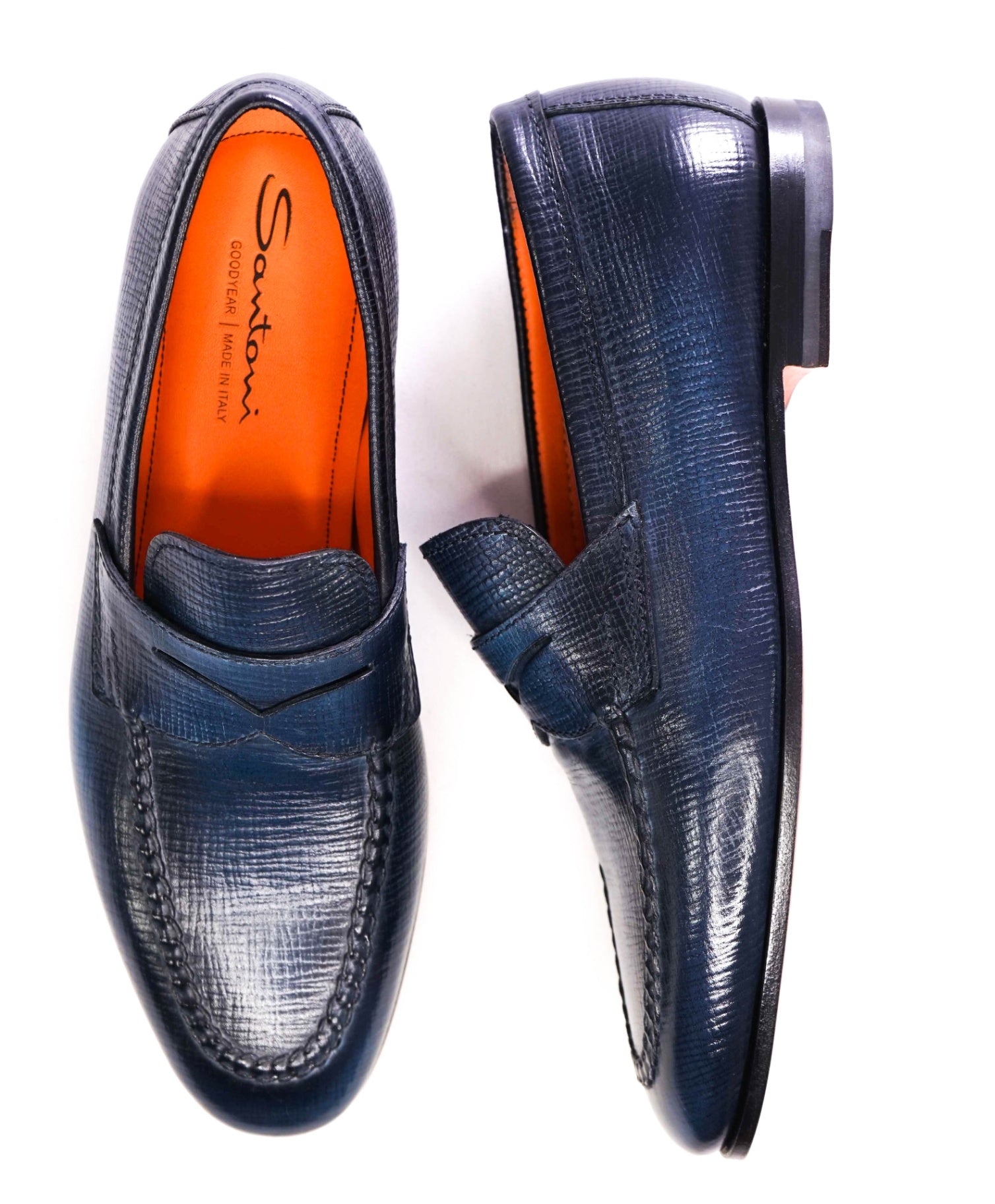 $1,195 Santoni Navy Loafers Leather GOODYEAR US 9 (8UK)