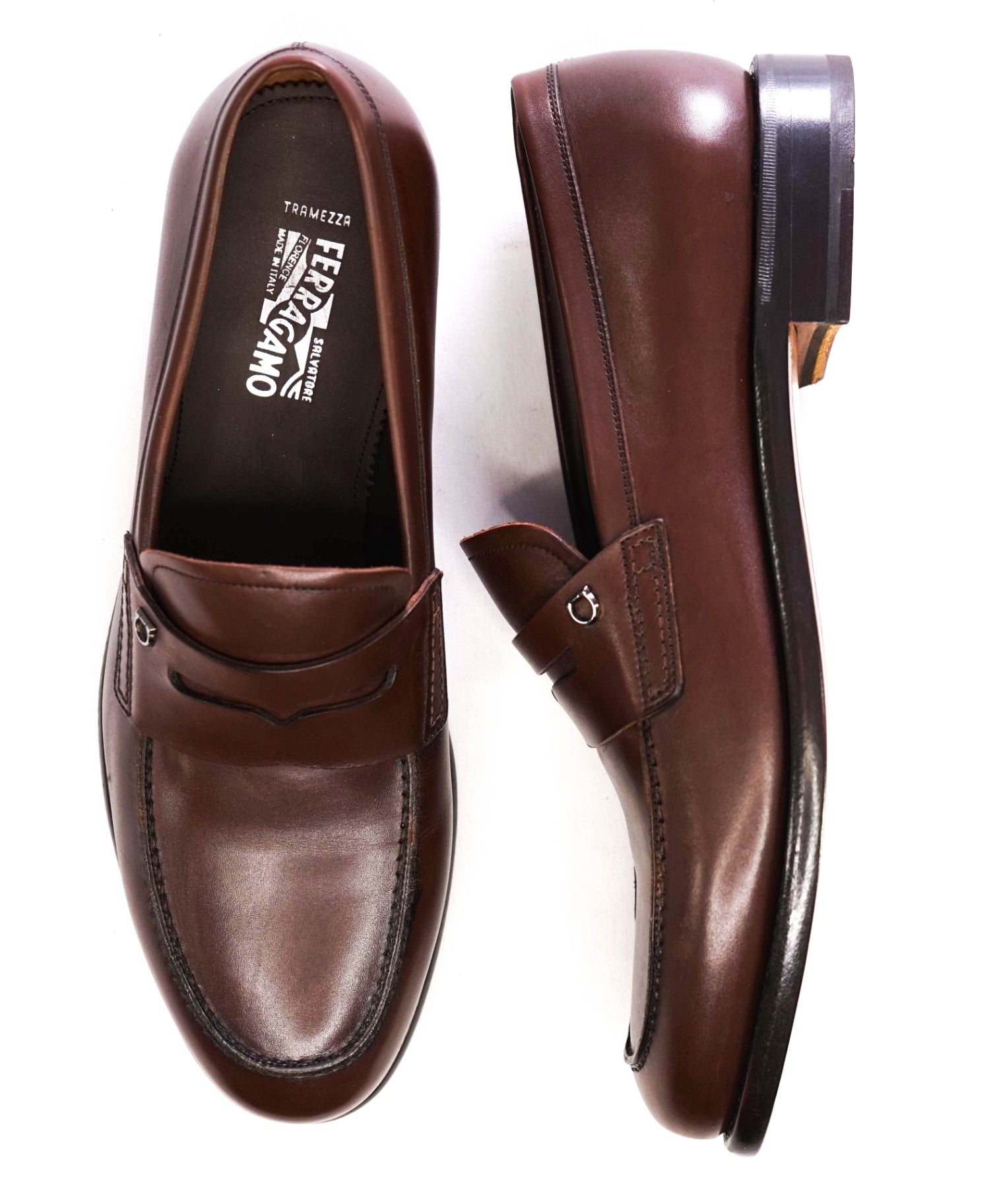 $1,295 Salvatore Ferragamo "TRAMEZZA" Brown Penny Loafers 10.5 EE