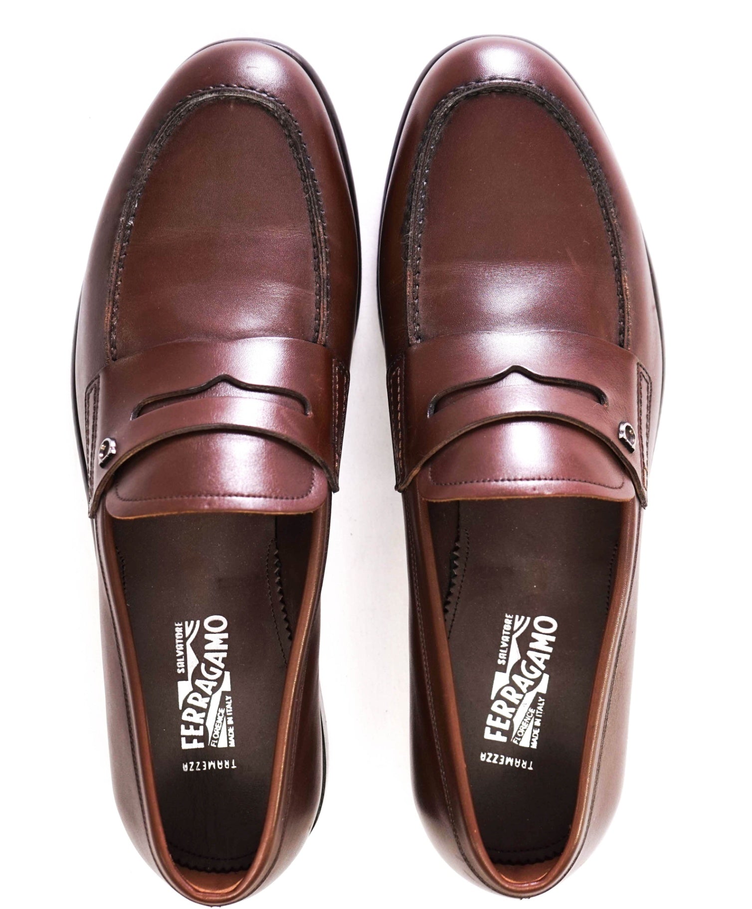 $1,295 Salvatore Ferragamo "TRAMEZZA" Brown Penny Loafers 10.5 EE