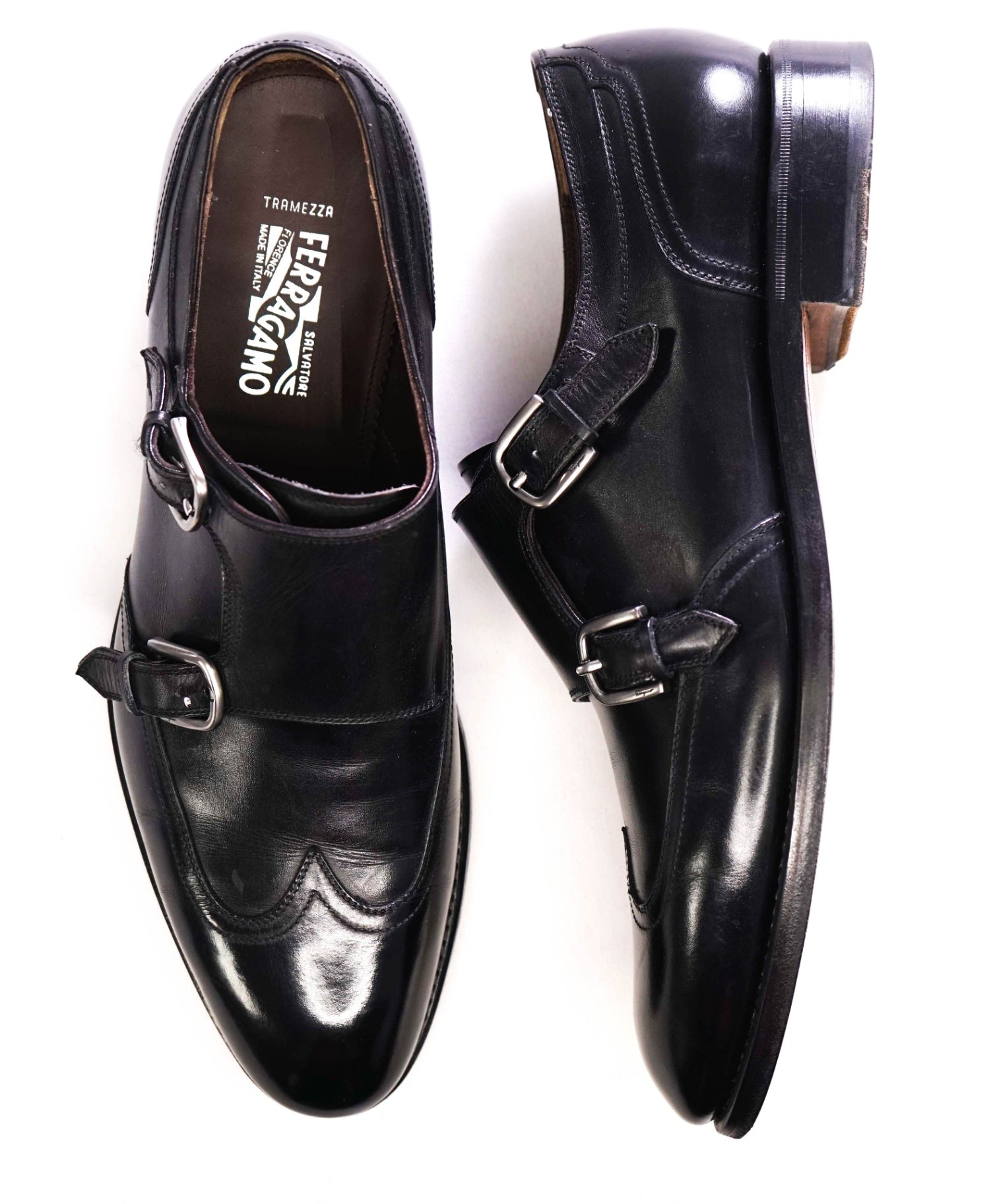 $1,295 Salvatore Ferragamo "TRAMEZZA" Black Monk Straps Loafers 9.5 E