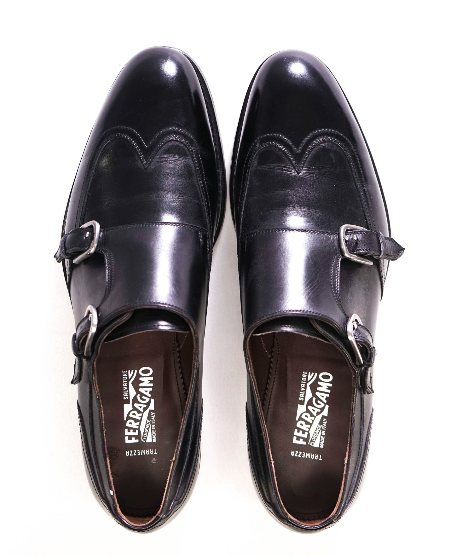 $1,295 Salvatore Ferragamo "TRAMEZZA" Black Monk Straps Loafers 9.5 E