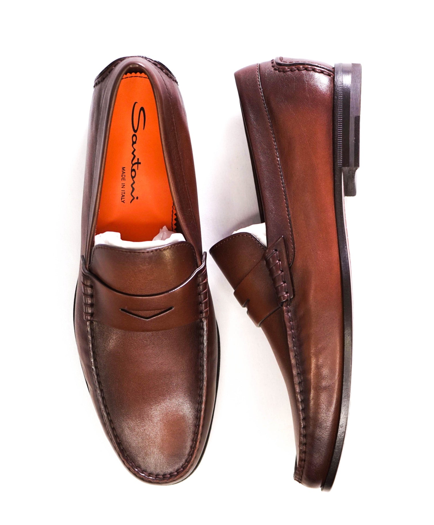 $750 Santoni "POSITANO" Brown Leather Penny Loafers US 9 D