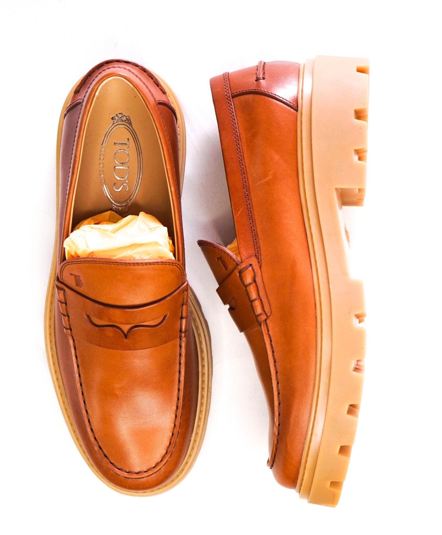 $825 Tod's Light Brown Leather Lug Sole Penny Loafers US 10.5 (9.5UK)