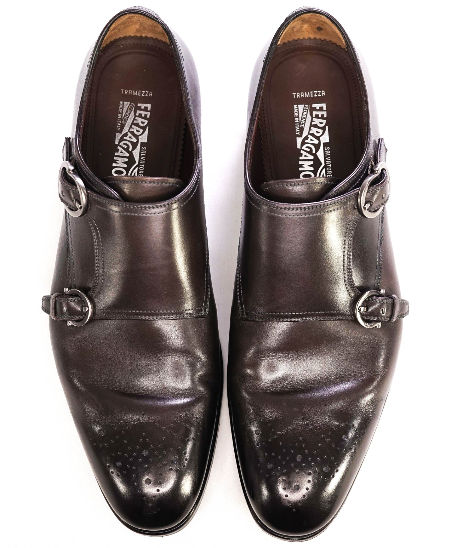 $1,295 Salvatore Ferragamo "TRAMEZZA" Stone Monk Strap Loafers 9.5 D