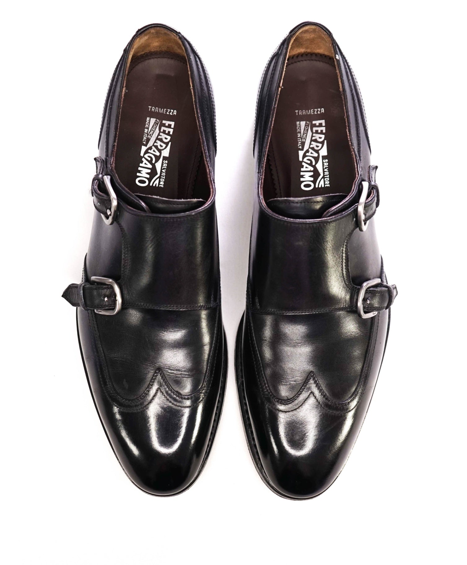$1,295 Salvatore Ferragamo "TRAMEZZA" Black Monk Straps Loafers 9.5 E