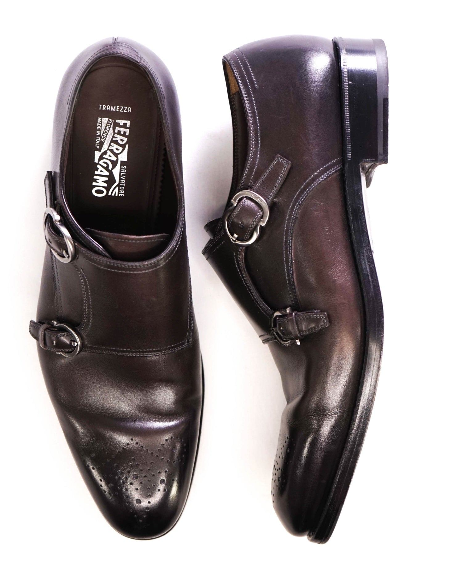 $1,295 Salvatore Ferragamo "TRAMEZZA" Stone Monk Strap Loafers 9.5 D