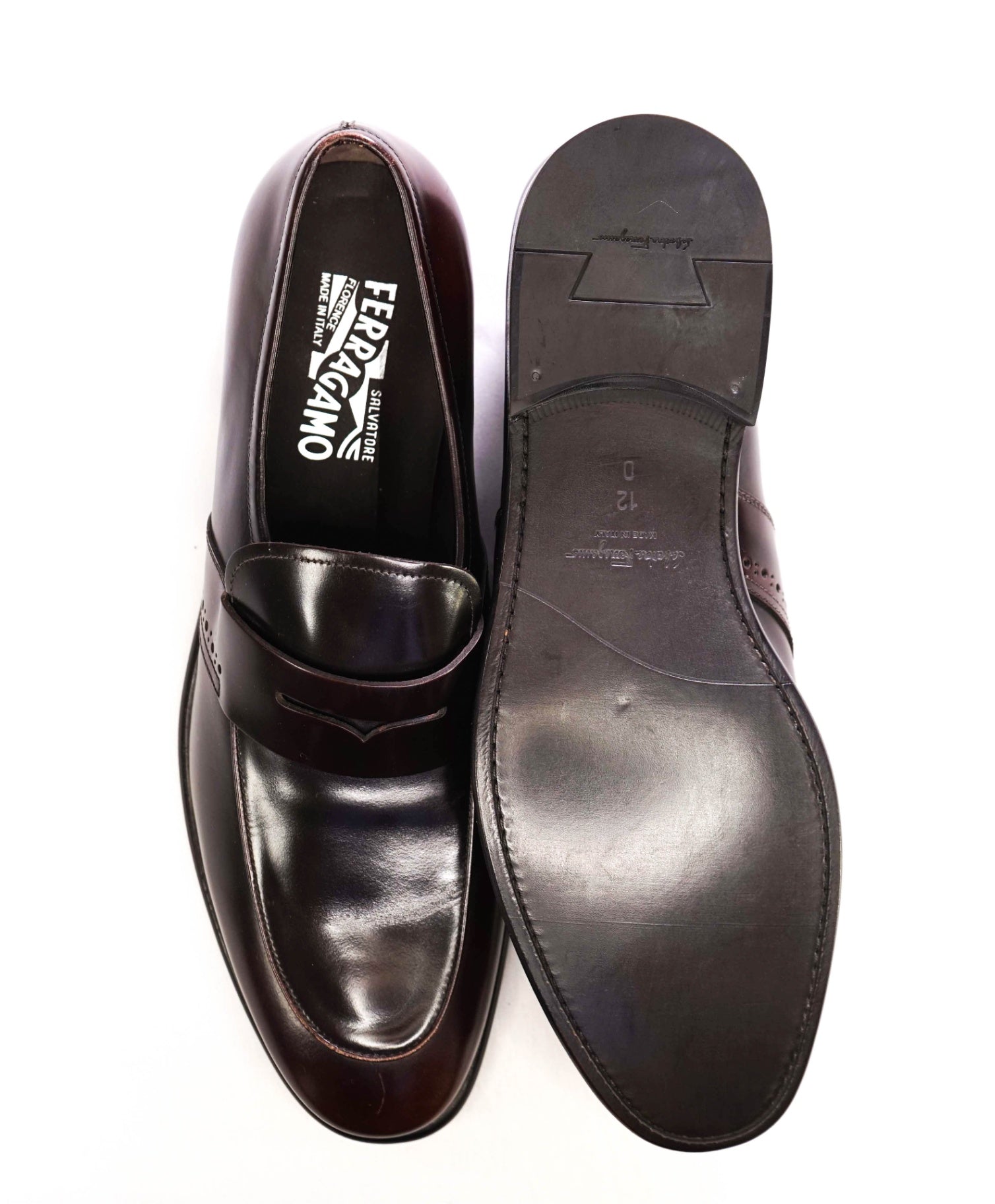 $850 Salvatore Ferragamo Dark Brown Leather Penny Loafers 12 D