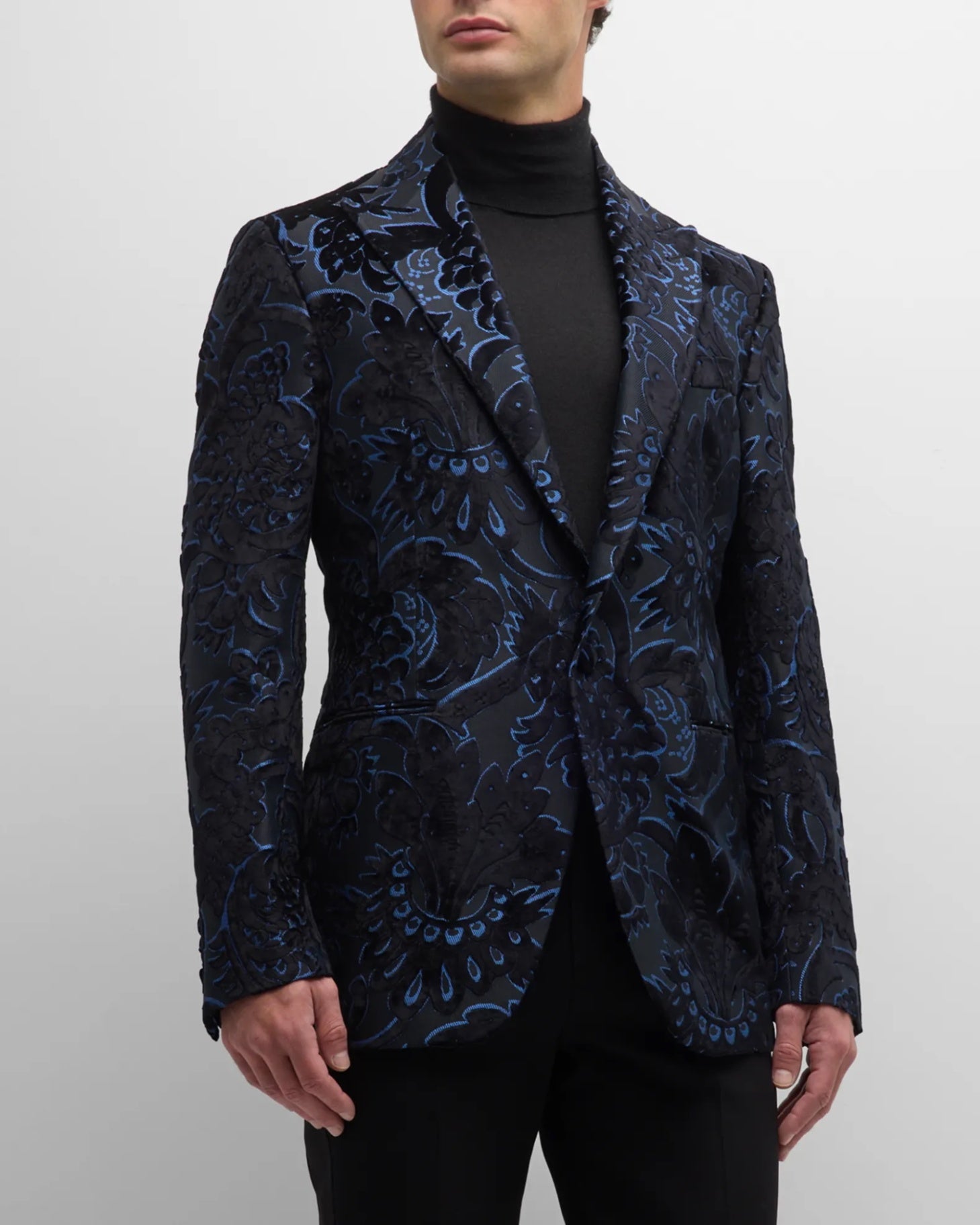 $2,695 ETRO Jaquard Black/Blue Floral Tuxedo Jacket Blazer 42