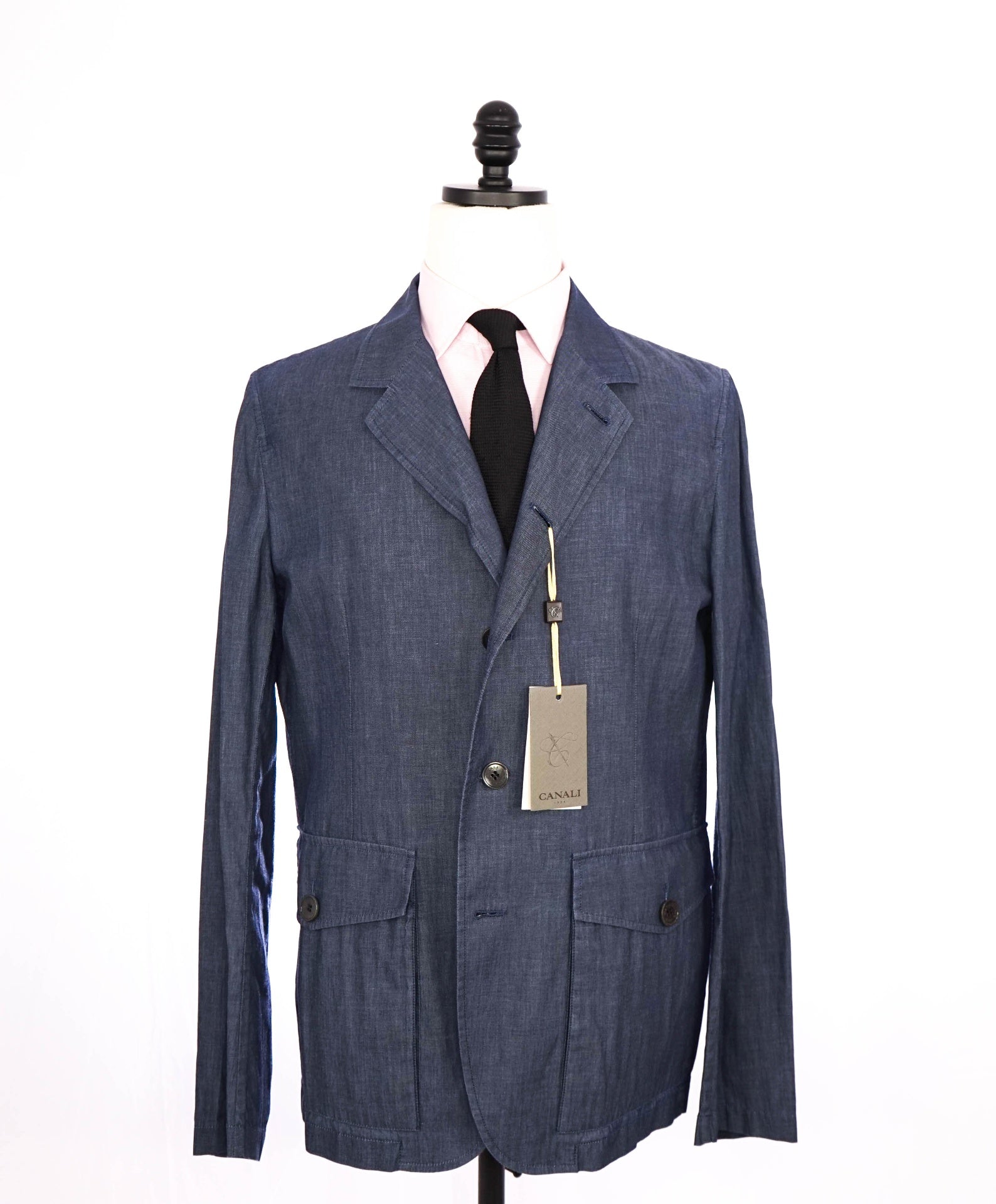 $1,550 Canali Safari Style Solid Blue Denim Jacket Blazer 42
