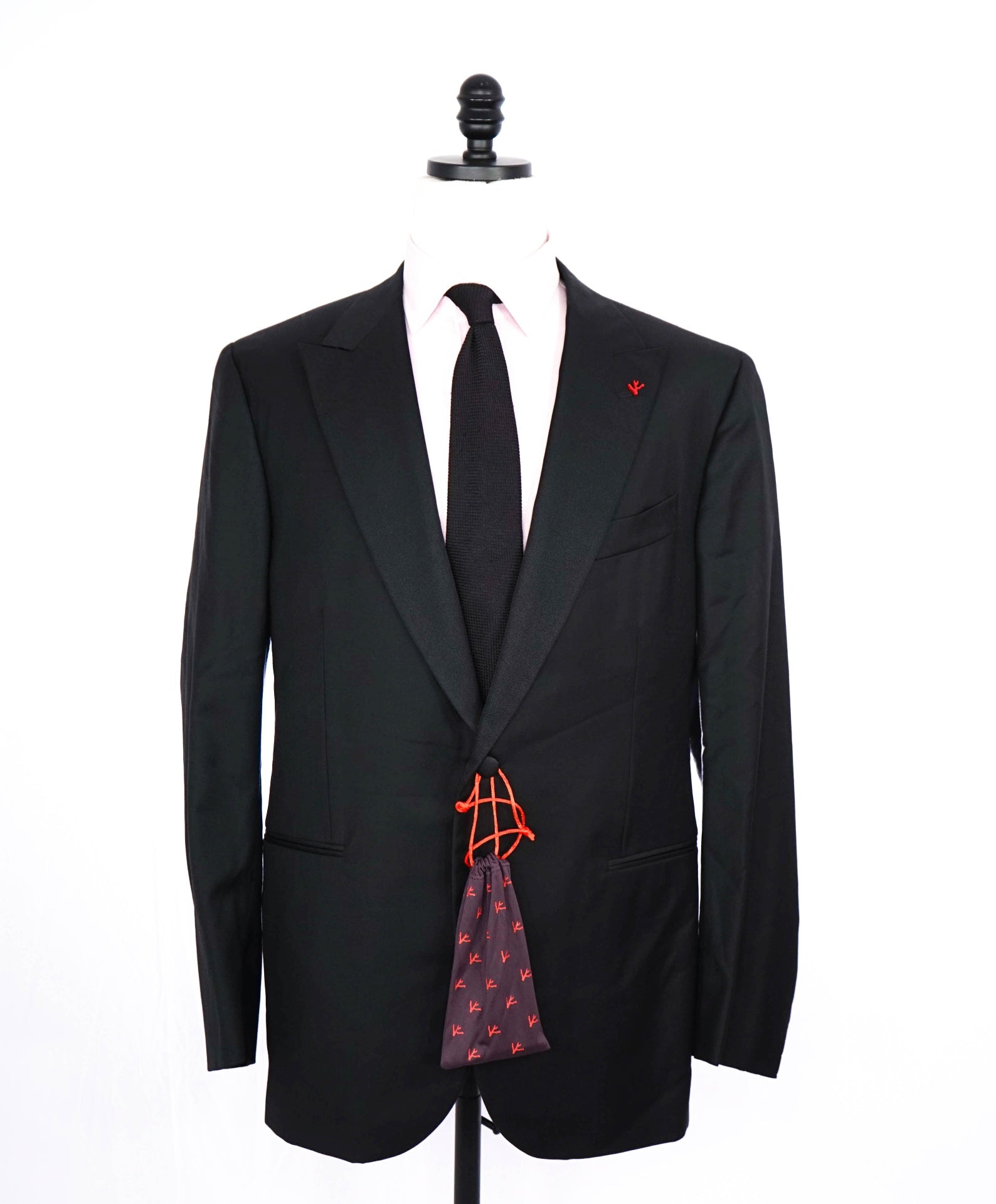 $4,595 ISAIA - "AQUASPIDER" Satin PEAK LAPEL Black Wool Tuxedo 48R