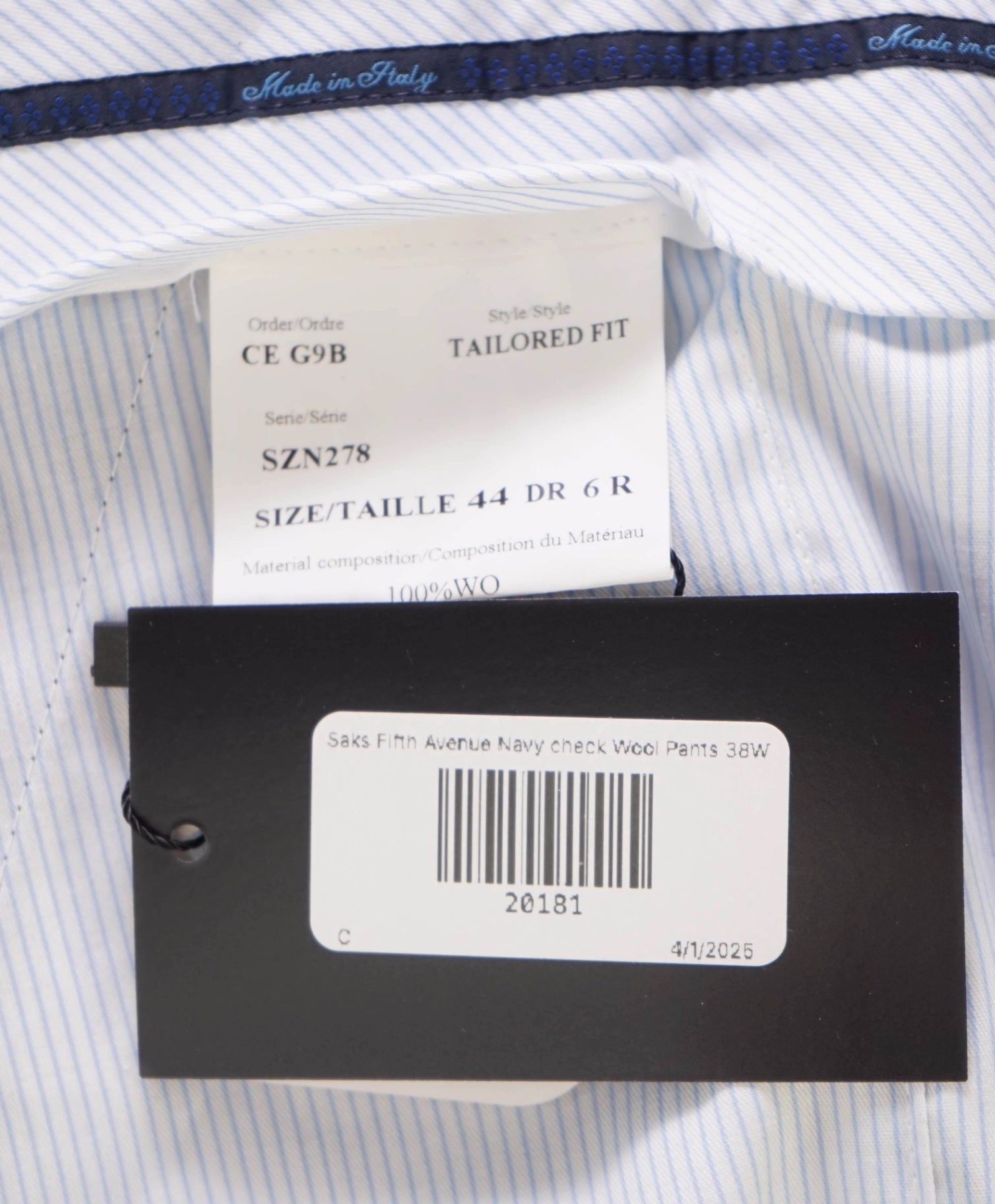 $400 Saks Fifth Avenue Navy check Wool Pants 38W