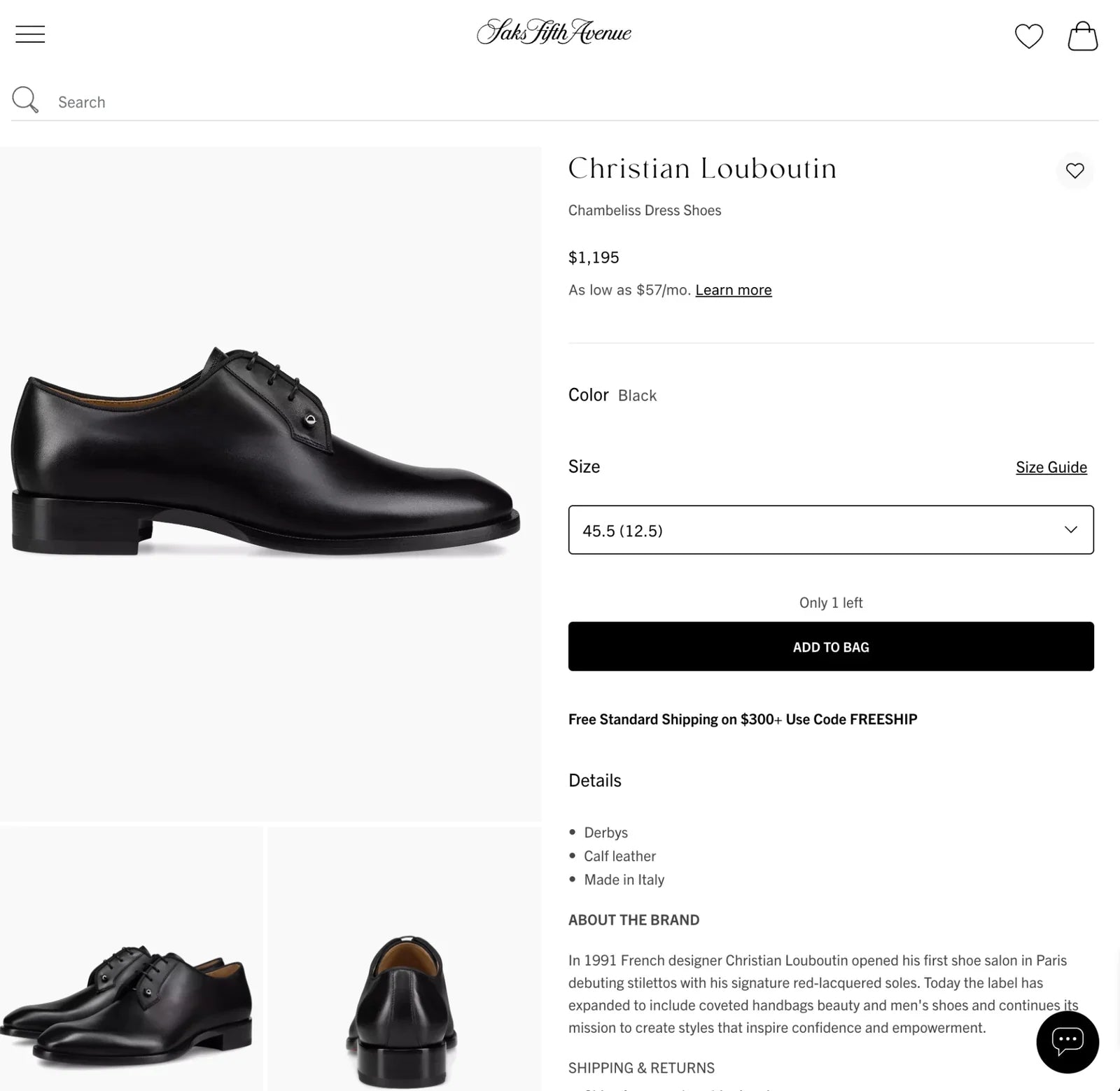 $1,250 Christian Louboutin "Chambeliss" Black Leather Oxfords US 11 (44EU)
