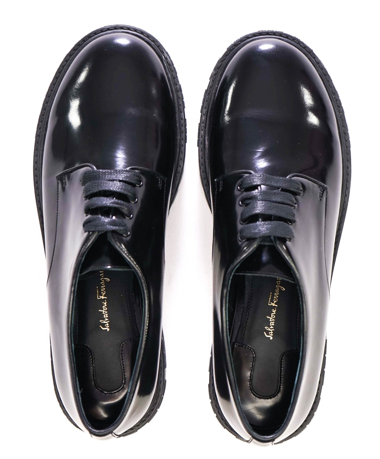 $750 Salvatore Ferragamo "Calvello" Black Leather Derbies 9.5C (Women)