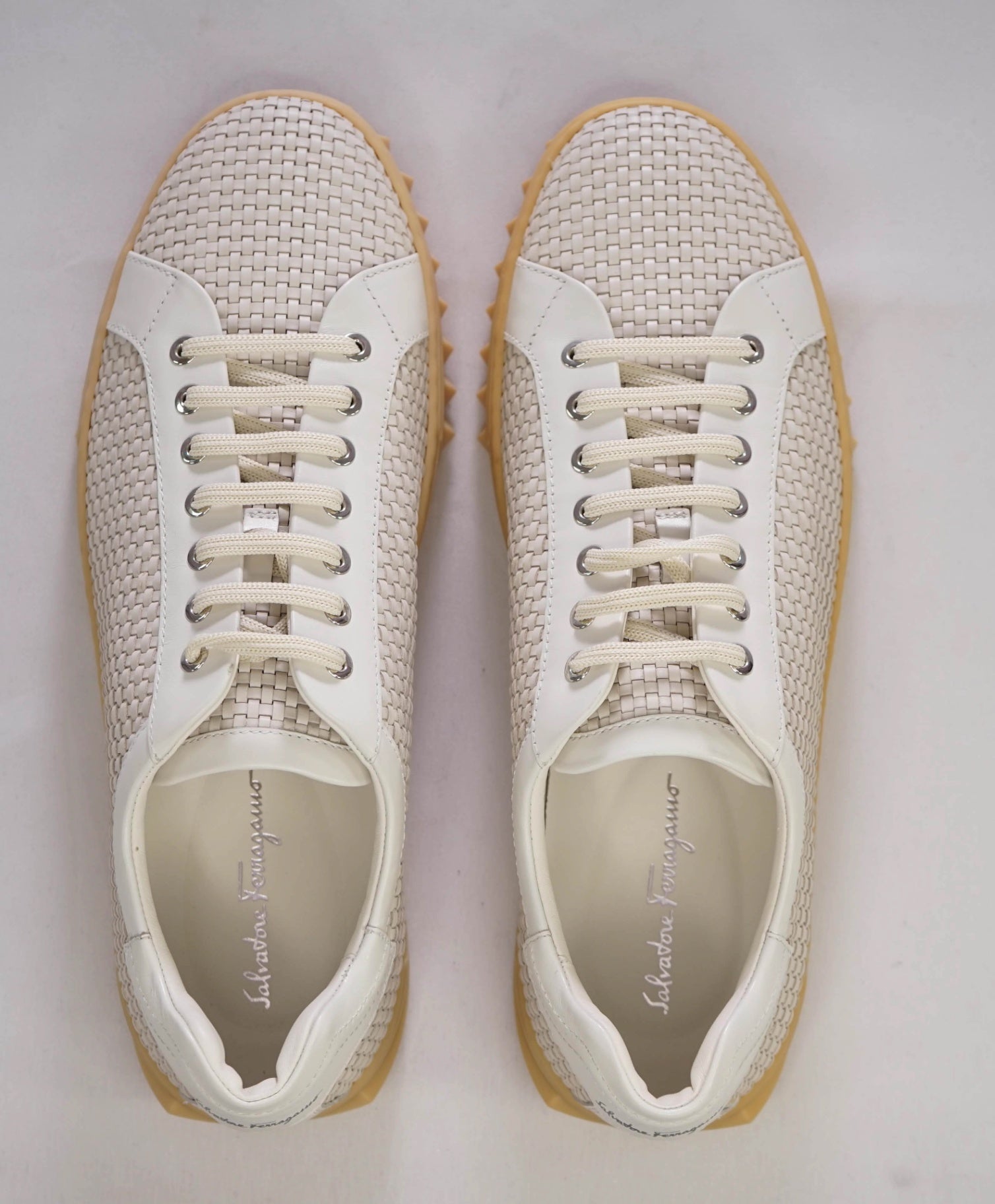 $800 Salvatore Ferragamo "CUBE" Ivory Woven Suede Sneakers 11 M