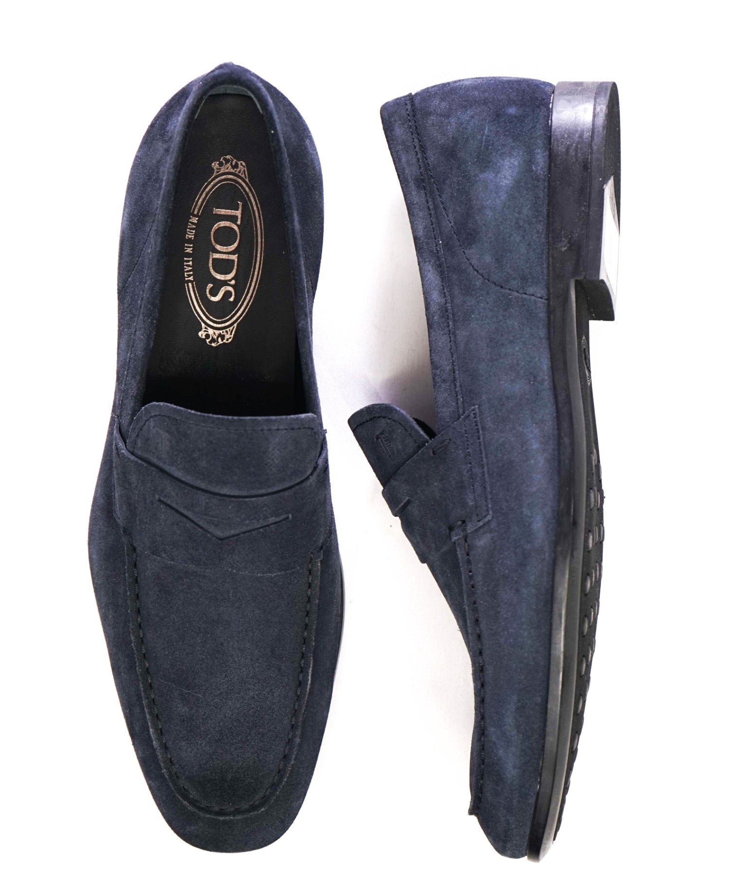 $775 Tod's Navy Suede Loafers Logo Vamp US 8.5 (7.5UK)