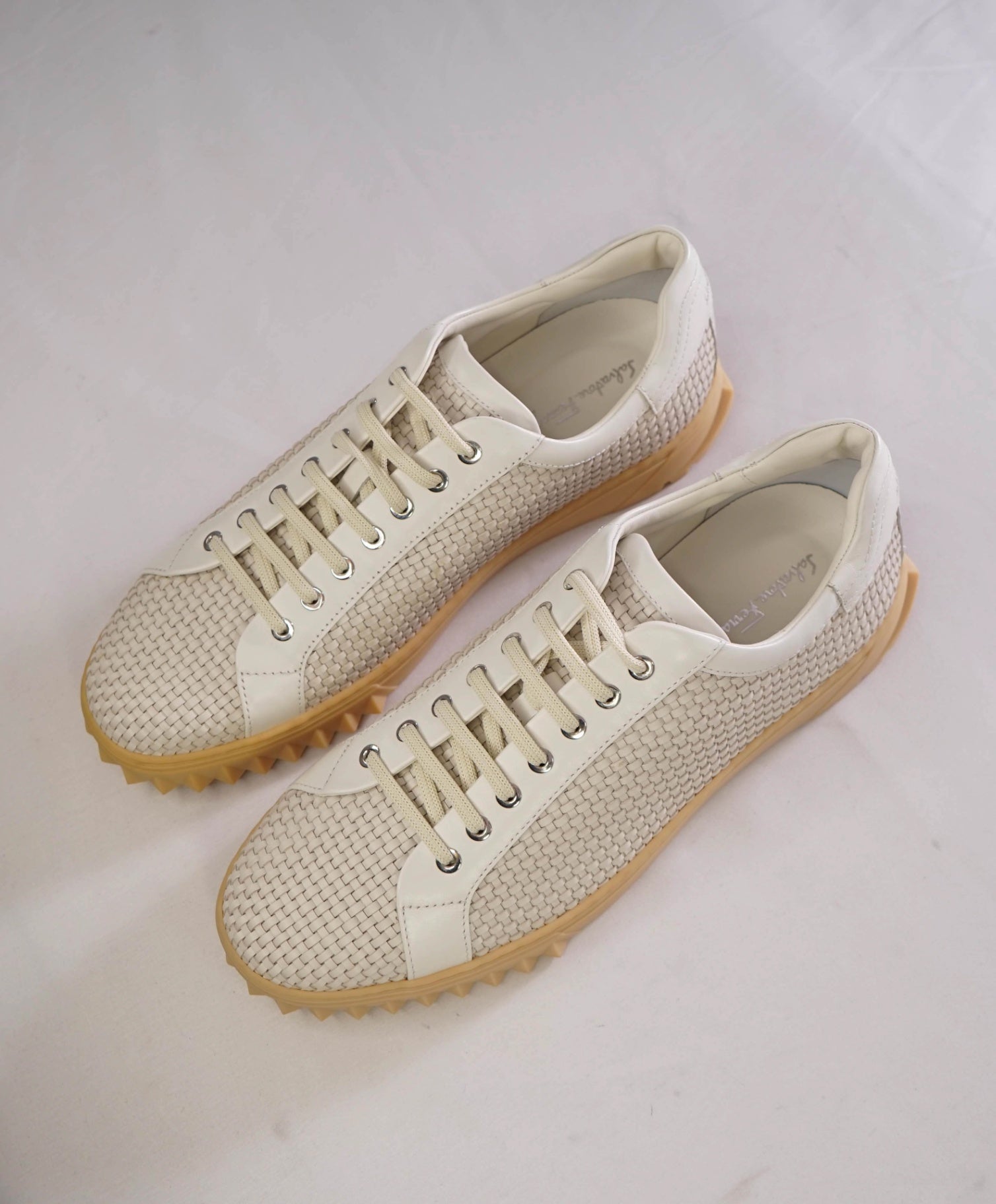 $800 Salvatore Ferragamo "CUBE" Ivory Woven Suede Sneakers 11 M