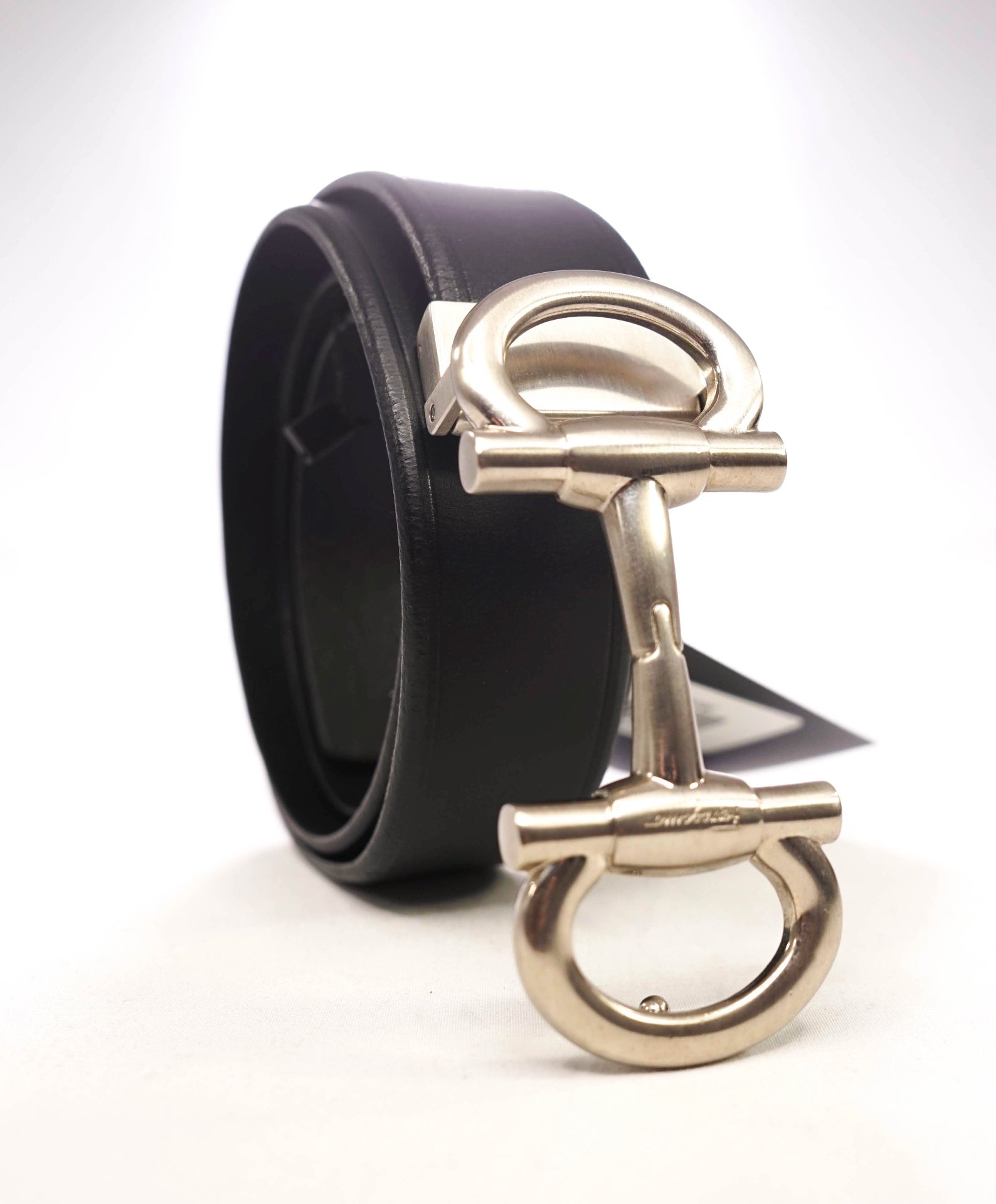 $535 Salvatore Ferragamo Silver Long Gancini Black Leather Belt 40W