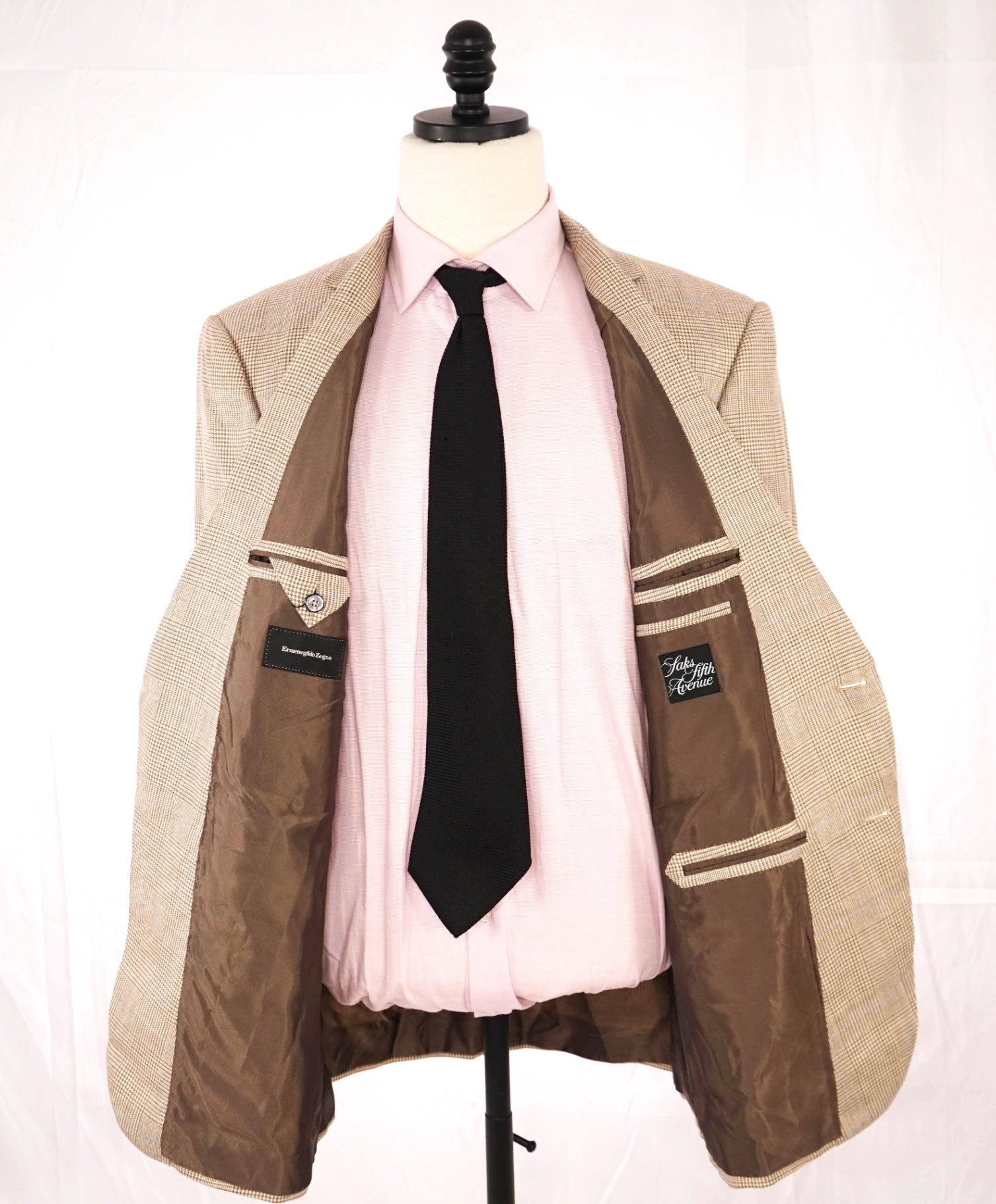 $2,995 Ermenegildo Zegna Tan/Blue Houndstooth Wool/Silk/LInen Blazer 44R