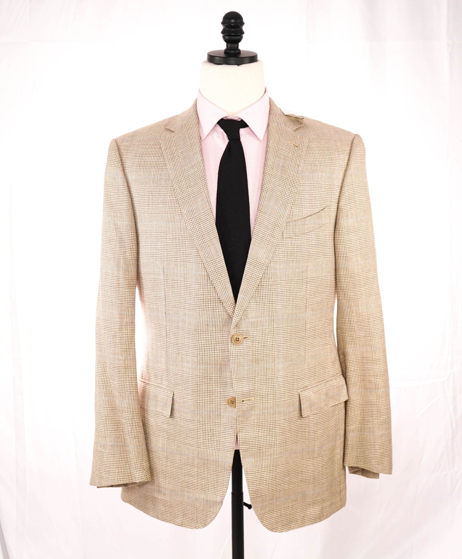 $2,995 Ermenegildo Zegna Tan/Blue Houndstooth Wool/Silk/LInen Blazer 44R