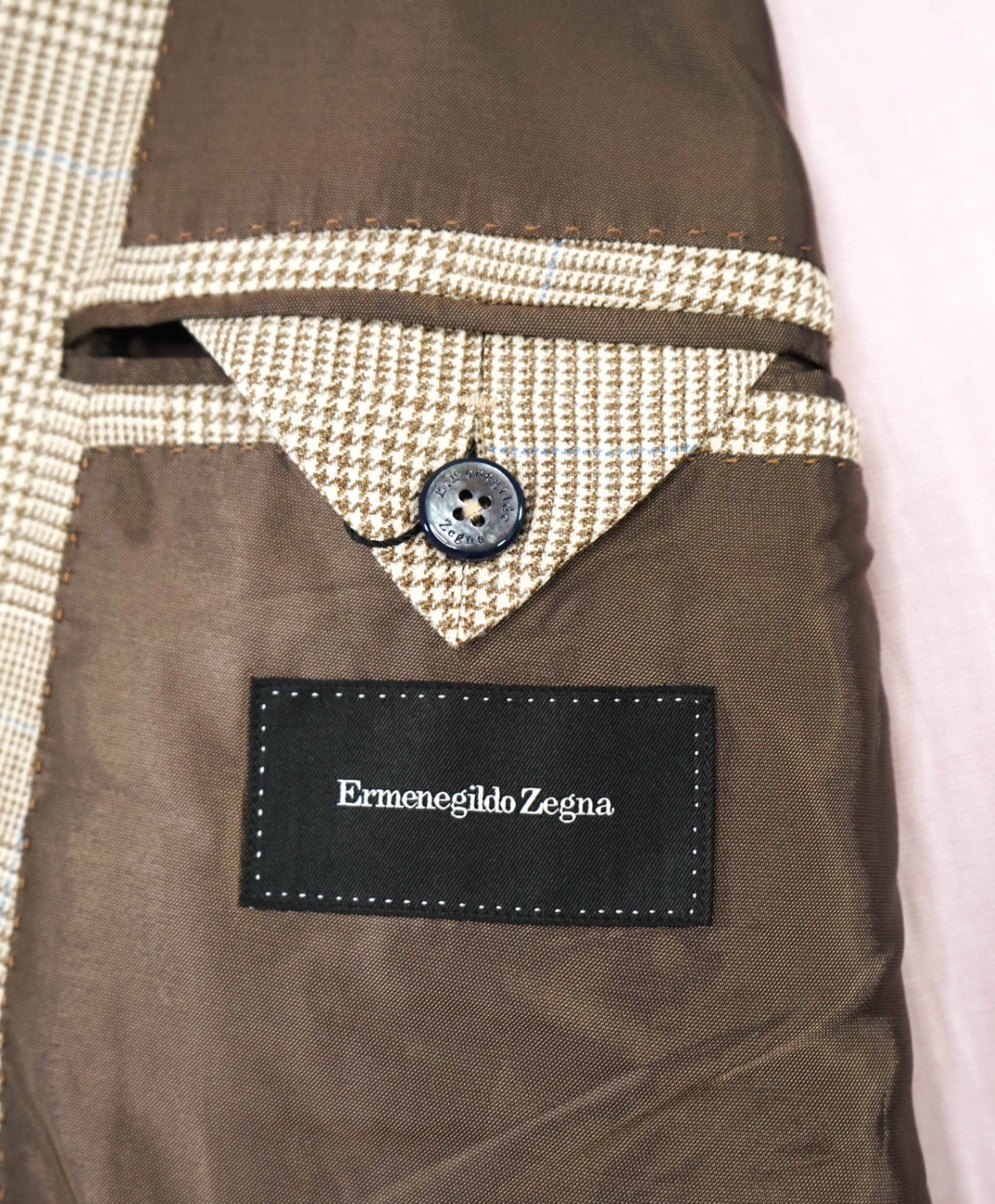 $2,995 Ermenegildo Zegna Tan/Blue Houndstooth Wool/Silk/LInen Blazer 44R