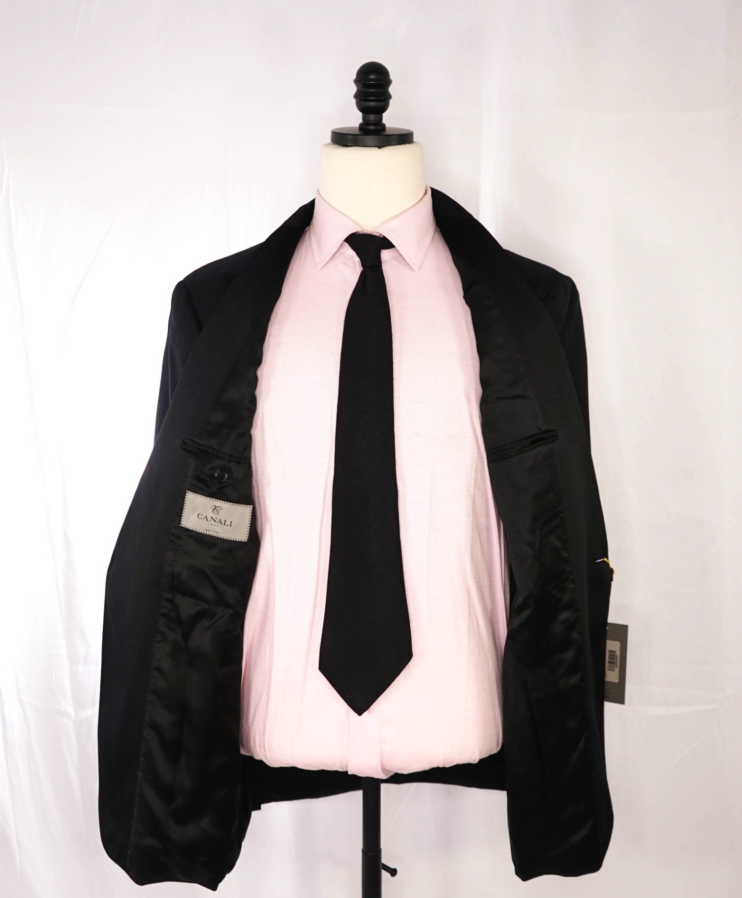 $2,195 CANALI Micro Textured Black Wool Peak Lapel Tuxedo Suit 46R