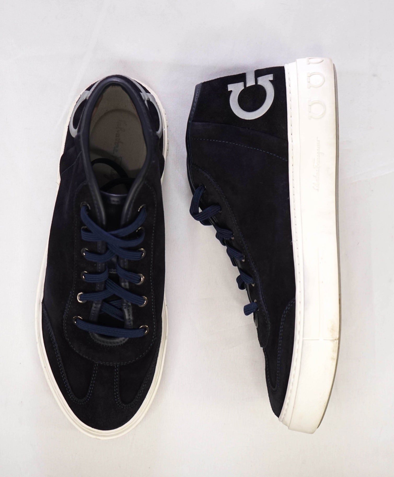 $750 Salvatore Ferragamo Navy Logo Hightop Sneakers Suede 9 M
