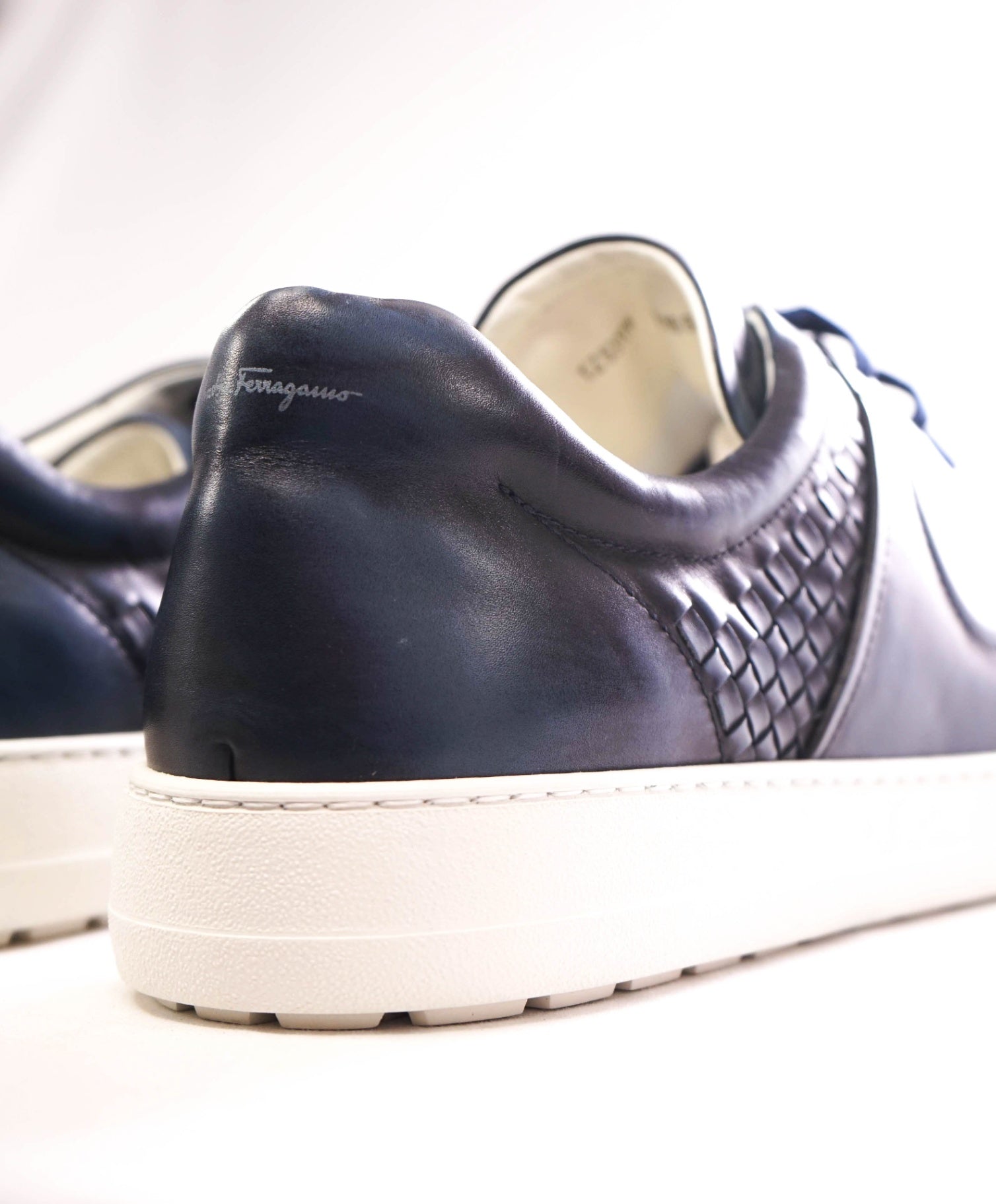 $850 FERRAGAMO Navy Blue Woven Gancini Leather Sneakers 12M