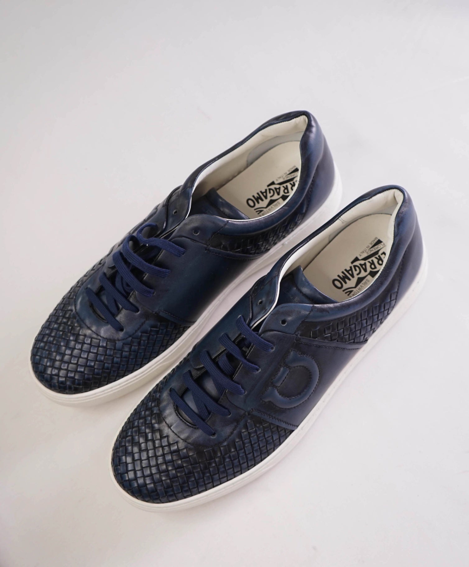 $850 FERRAGAMO Navy Blue Woven Gancini Leather Sneakers 12M