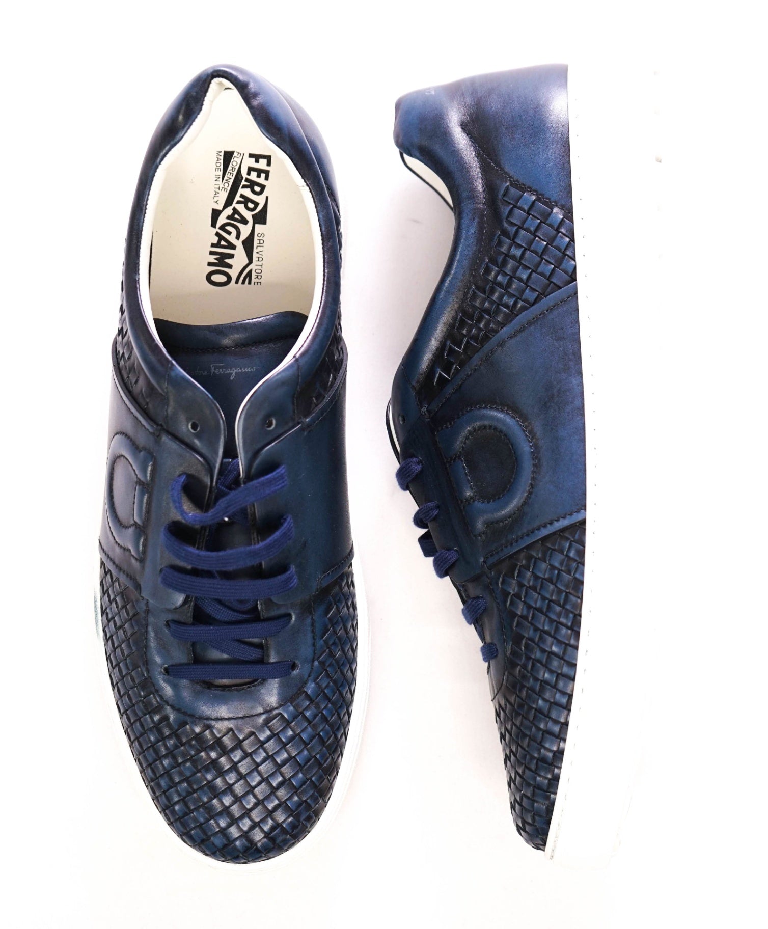 $850 FERRAGAMO Navy Blue Woven Gancini Leather Sneakers 12M