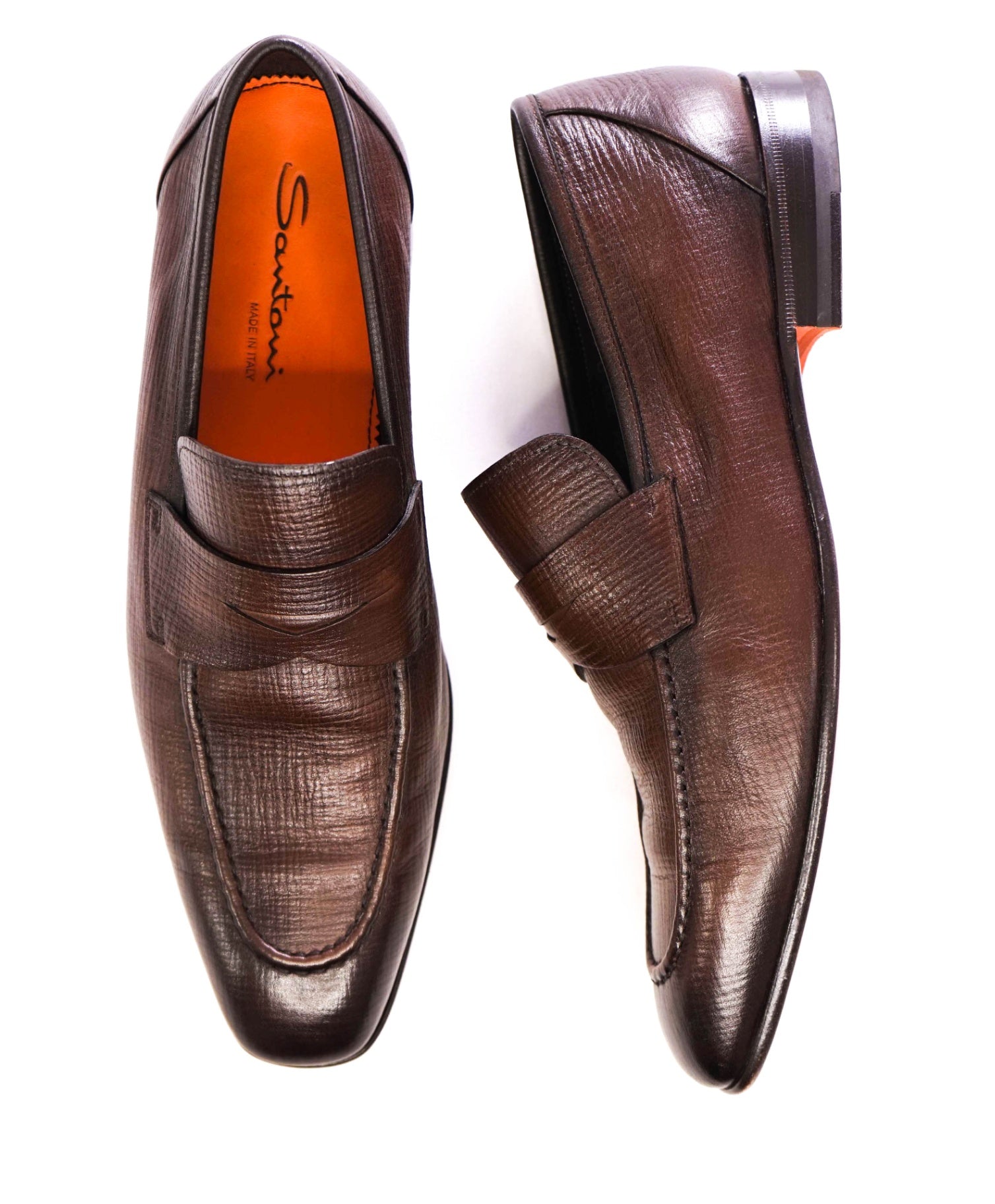 $995 SANTONI - Brown Textured Leather Penny Loafers - US 11.5 D (10.5UK)