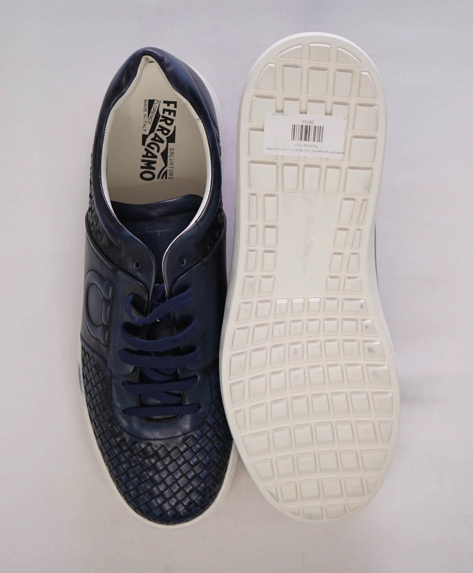 $850 FERRAGAMO Navy Blue Woven Gancini Leather Sneakers 12M