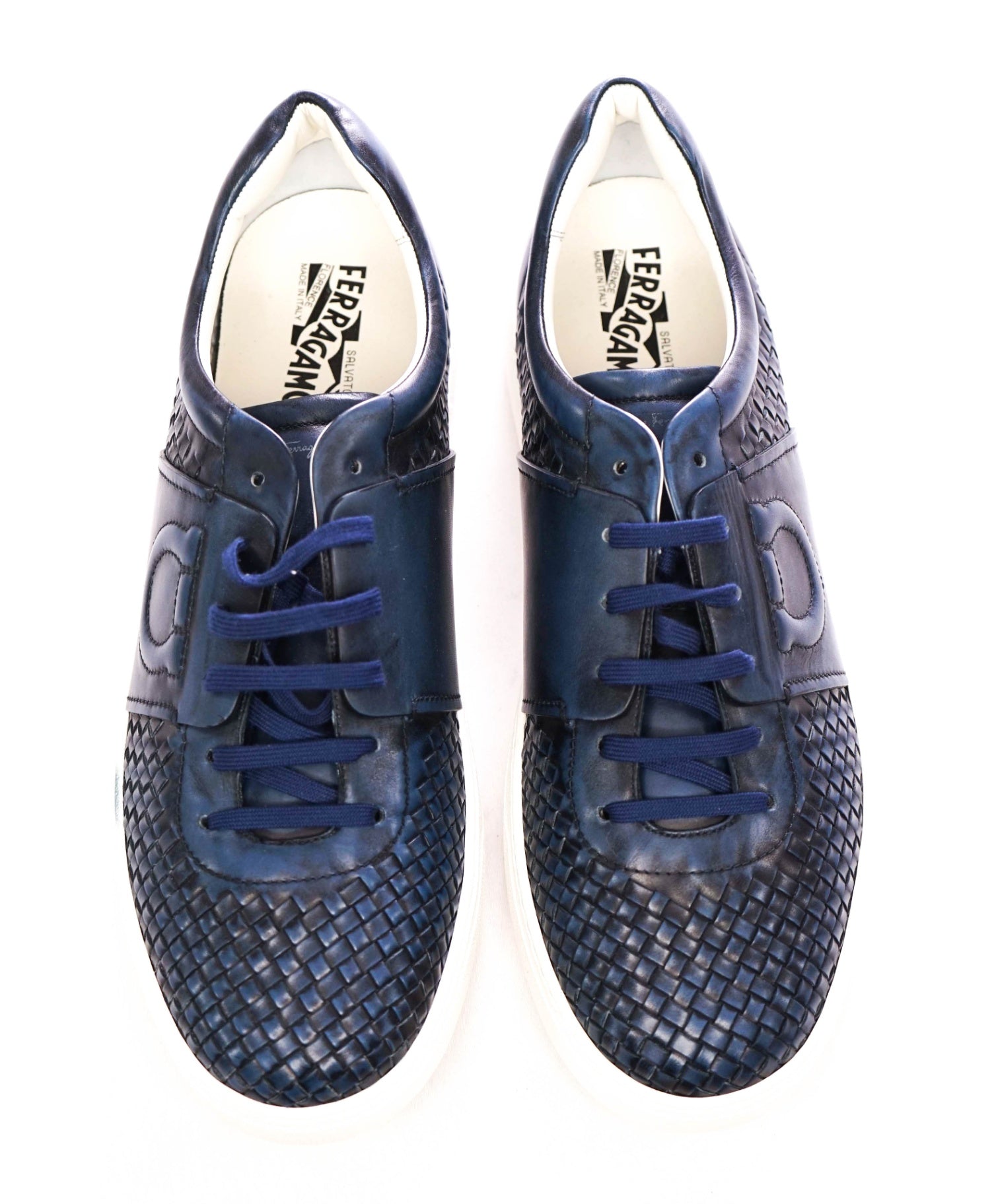 $850 FERRAGAMO Navy Blue Woven Gancini Leather Sneakers 12M
