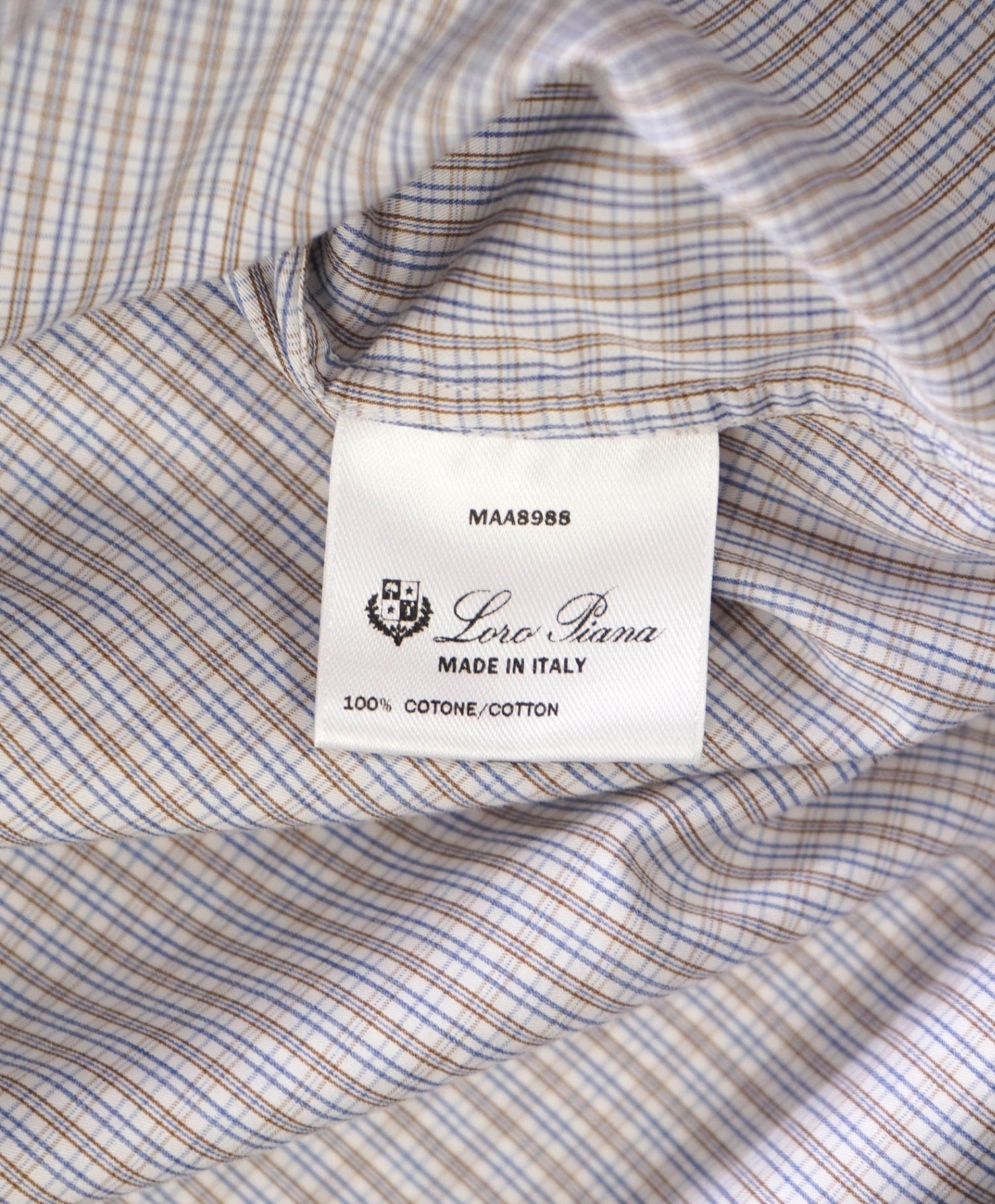 $750 Loro Piana - Brown/Blue/White Micro Plaid Cotton Shirt - M