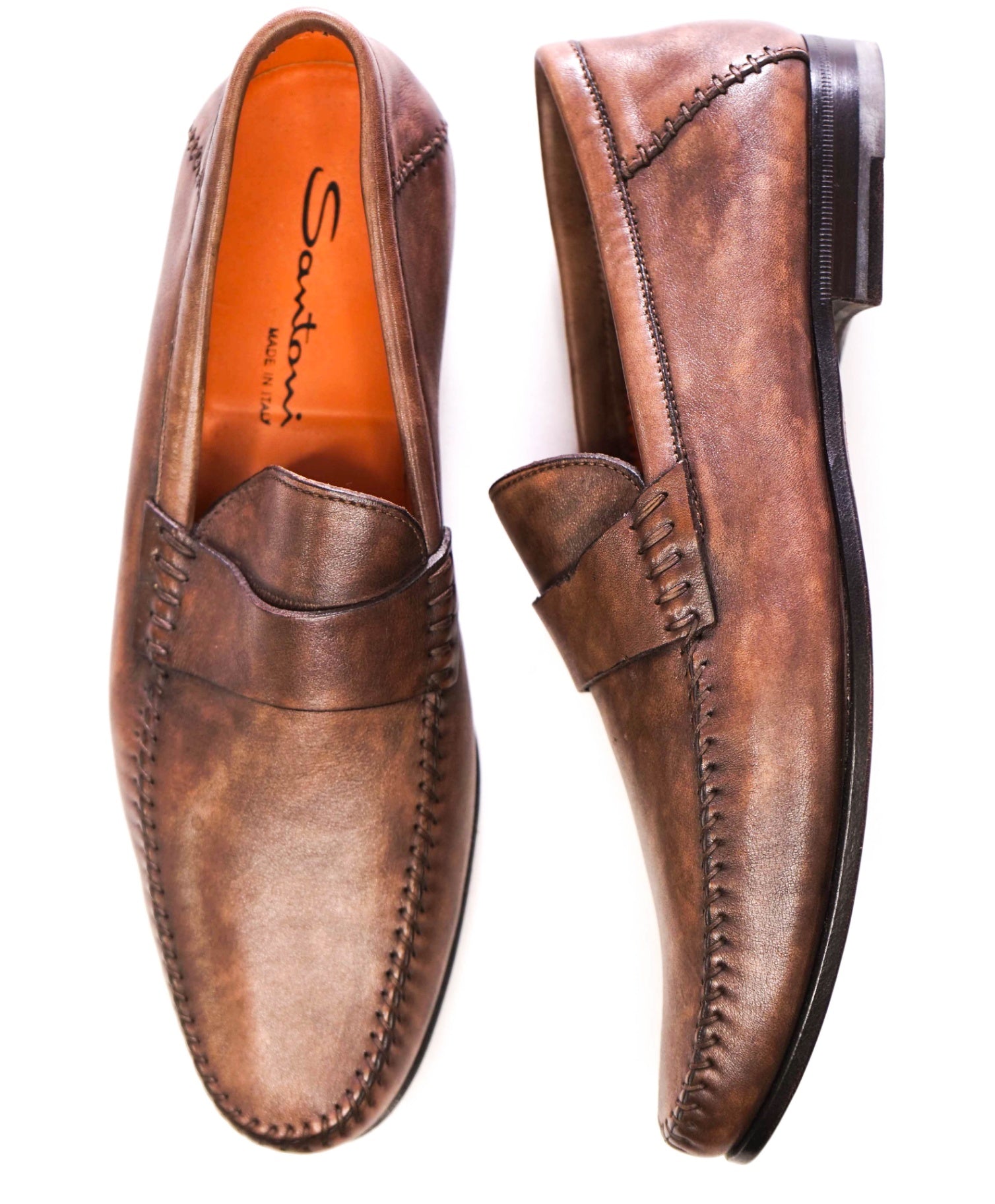 $720 Santoni - Brown Venetian Marble Patina Loafers - US 9.5D (UK8.5)
