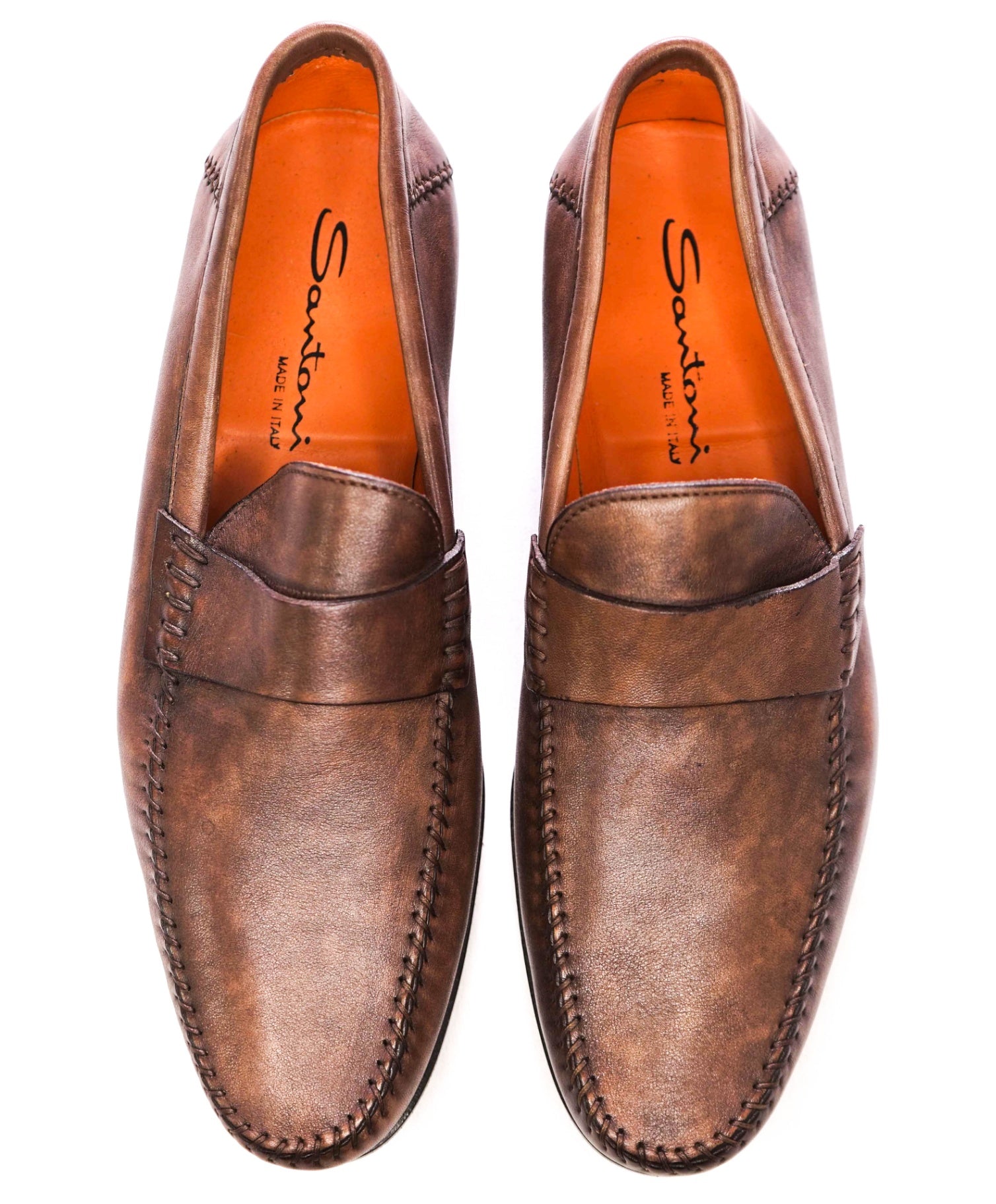$720 Santoni - Brown Venetian Marble Patina Loafers - US 9.5D (UK8.5)