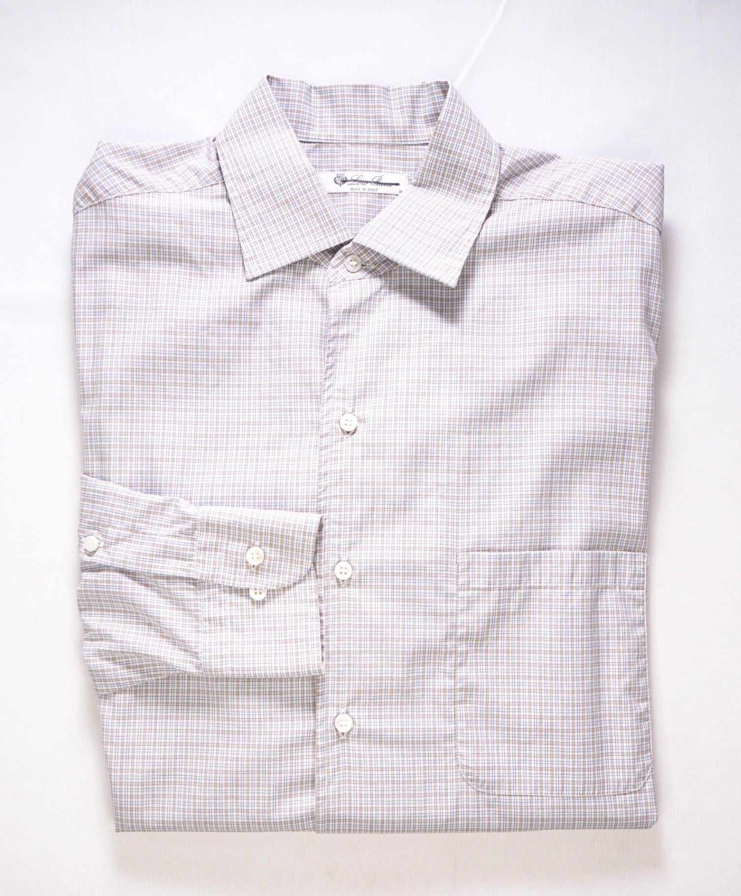 $750 Loro Piana - Brown/Blue/White Micro Plaid Cotton Shirt - M