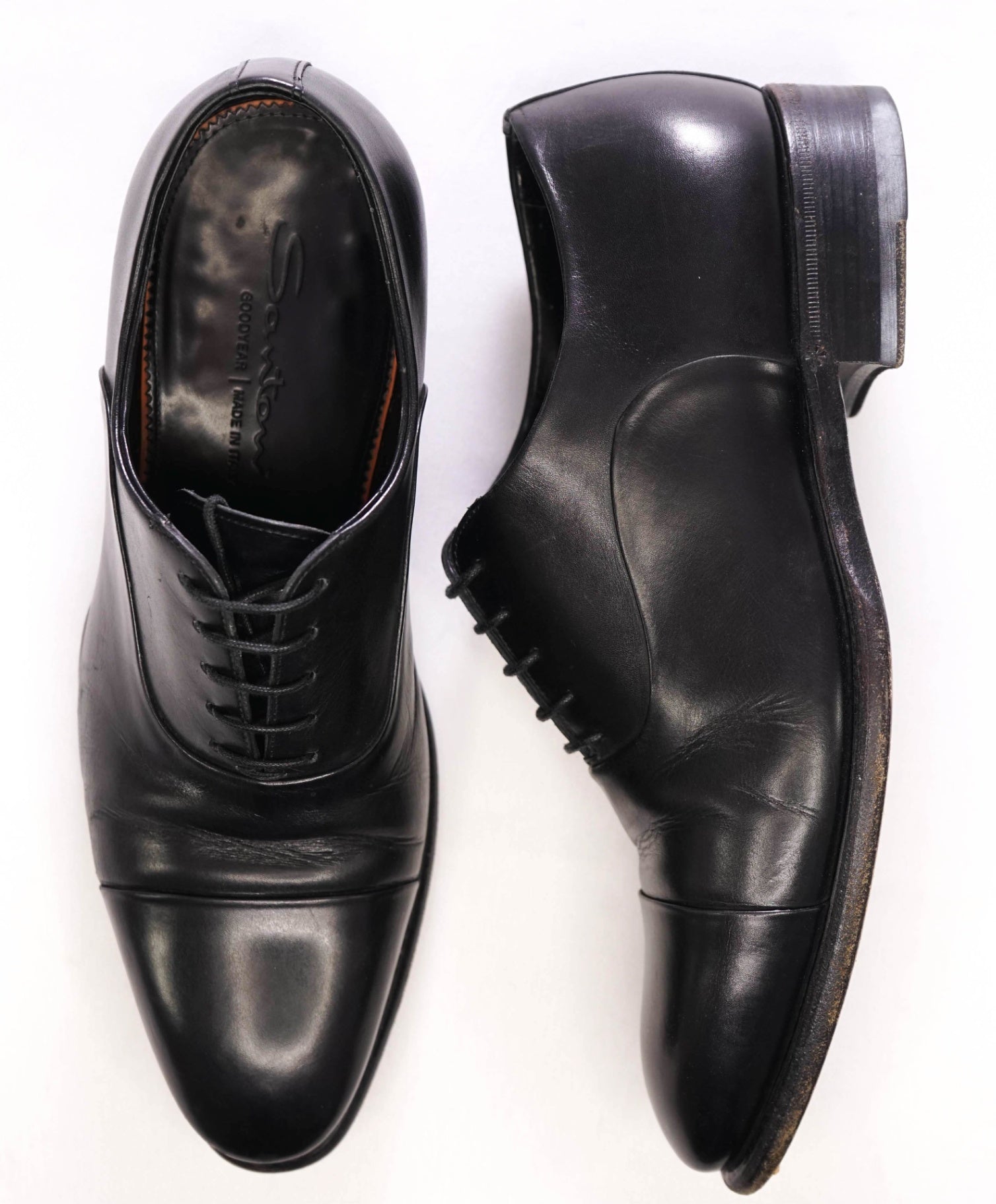 1,320 SANTONI - "GOODYEAR" Black Leather Oxfords - US 7.5 (UK6.5)