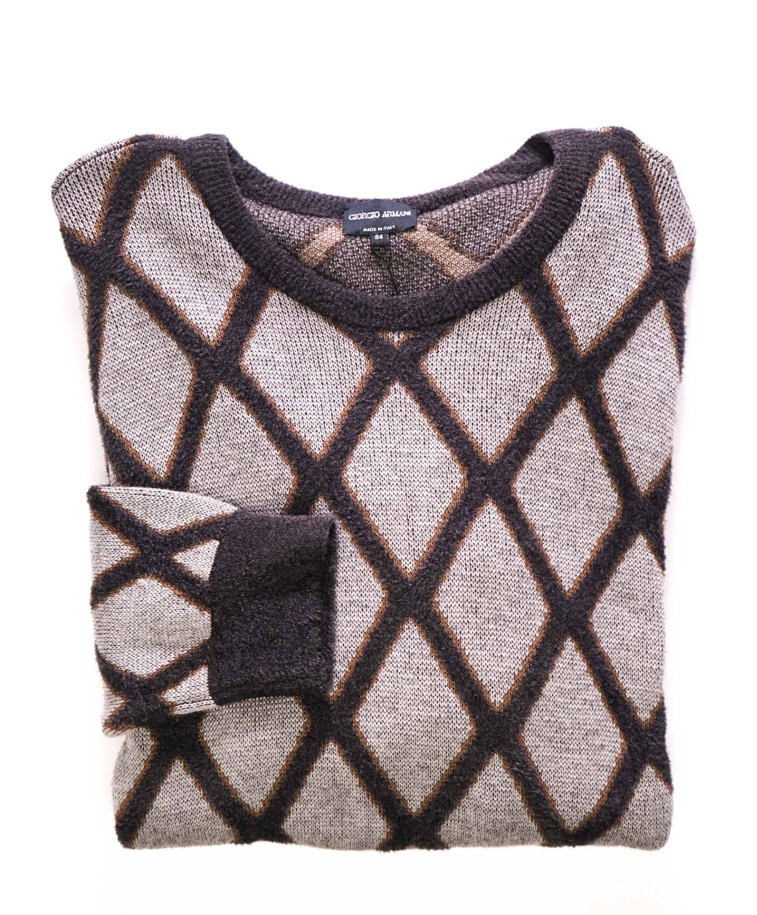 $2,095 Gray/Brown ICONIC Diamond Wool/Viscose Crew Sweater 44 XXL