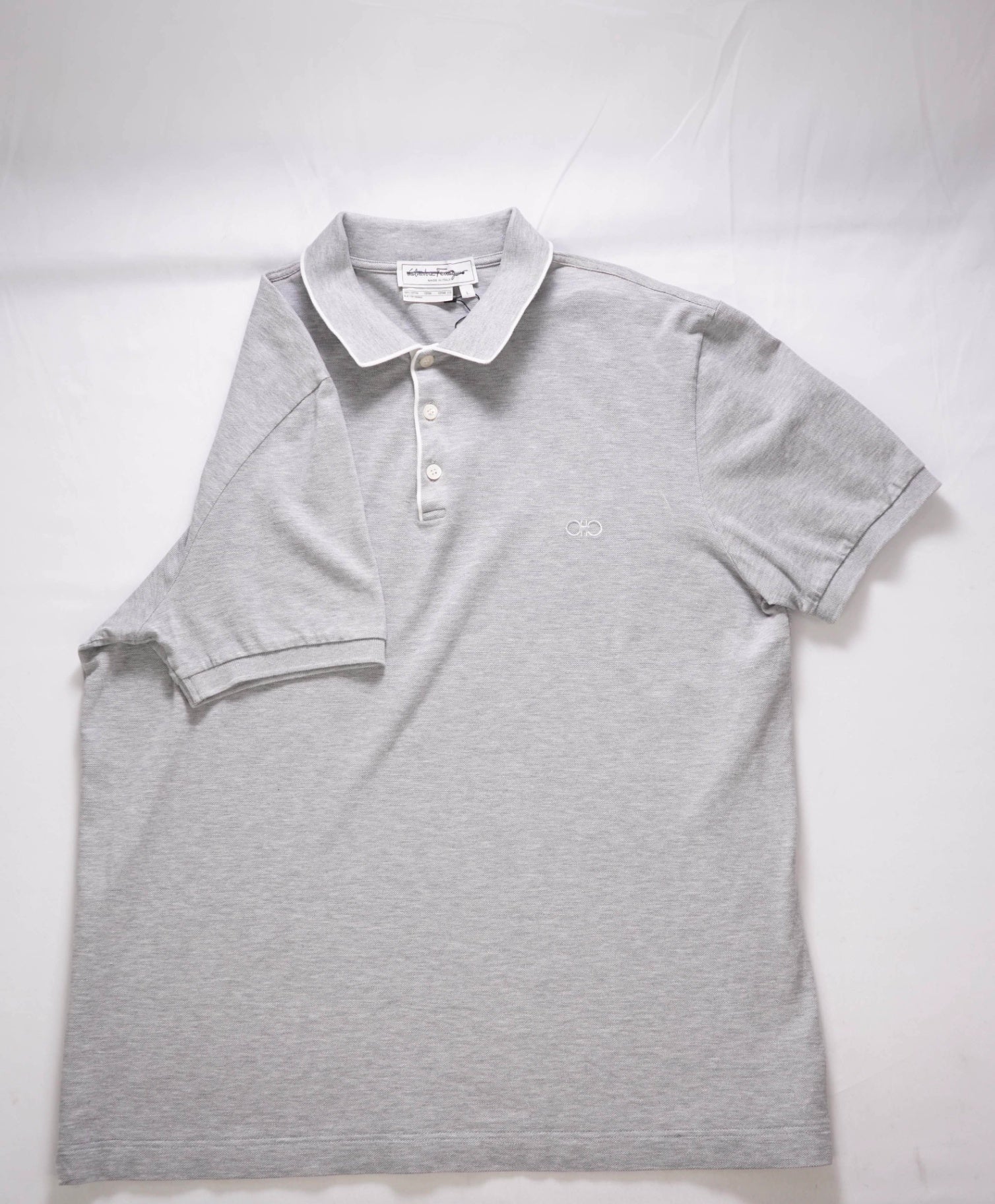$460 FERRAGAMO - Textured Light Gray Polo Cotton Shirt - L