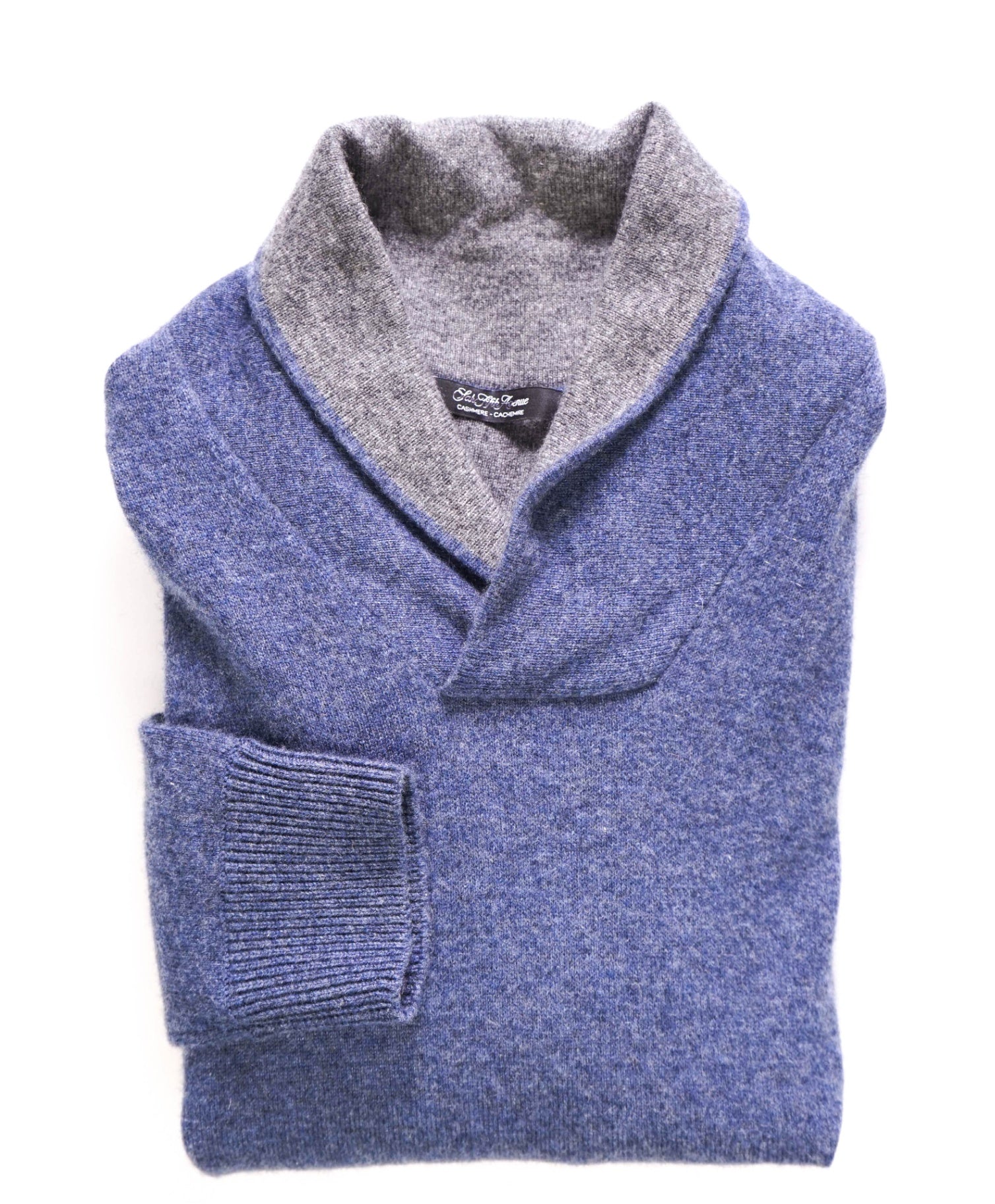 $395 SAKS FIFTH AVENUE Blue/Gray Cashmere Shawl Collar Sweater L