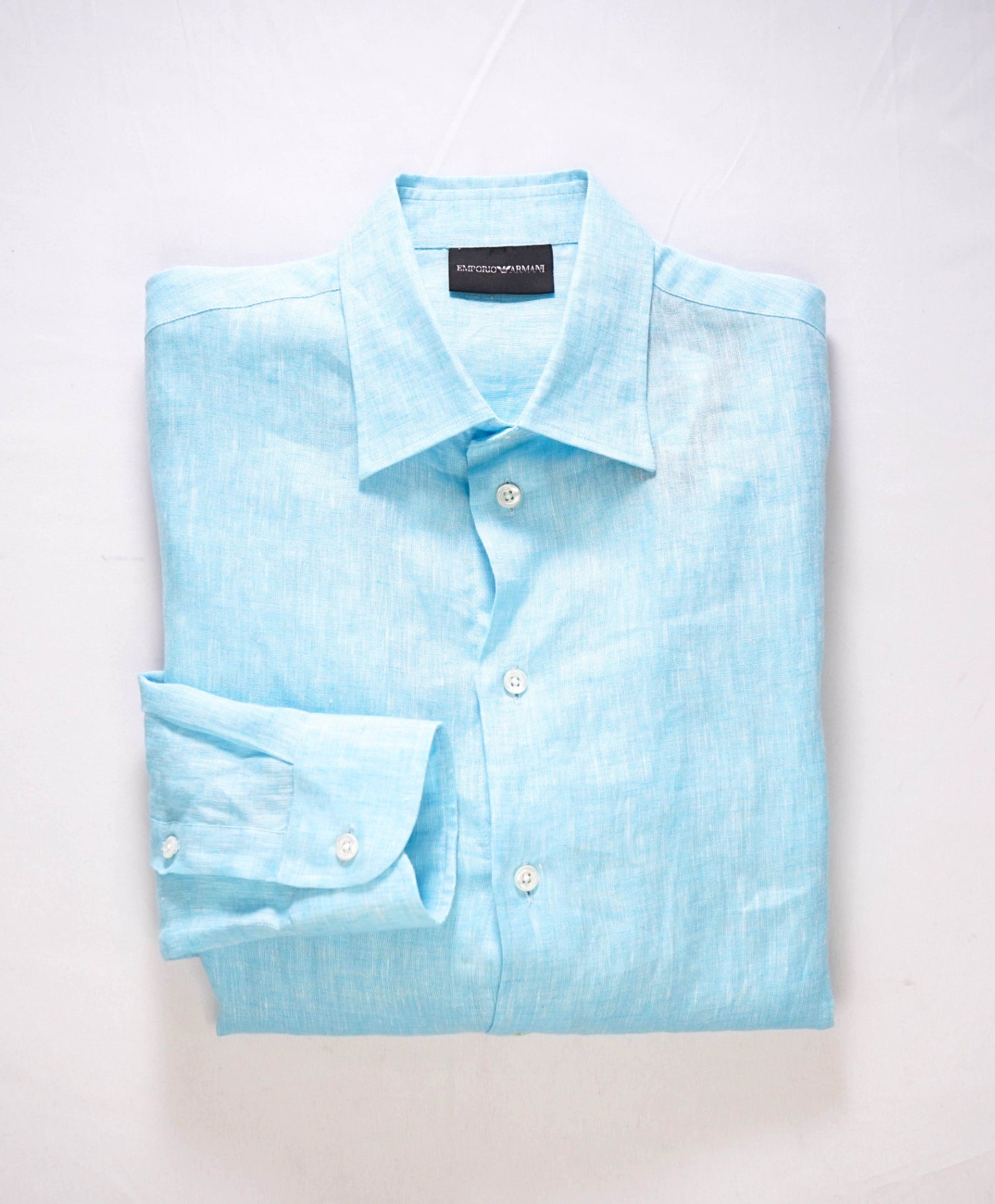 $395 Emporio Armani - Light Blue Teal Linen Shirt - S