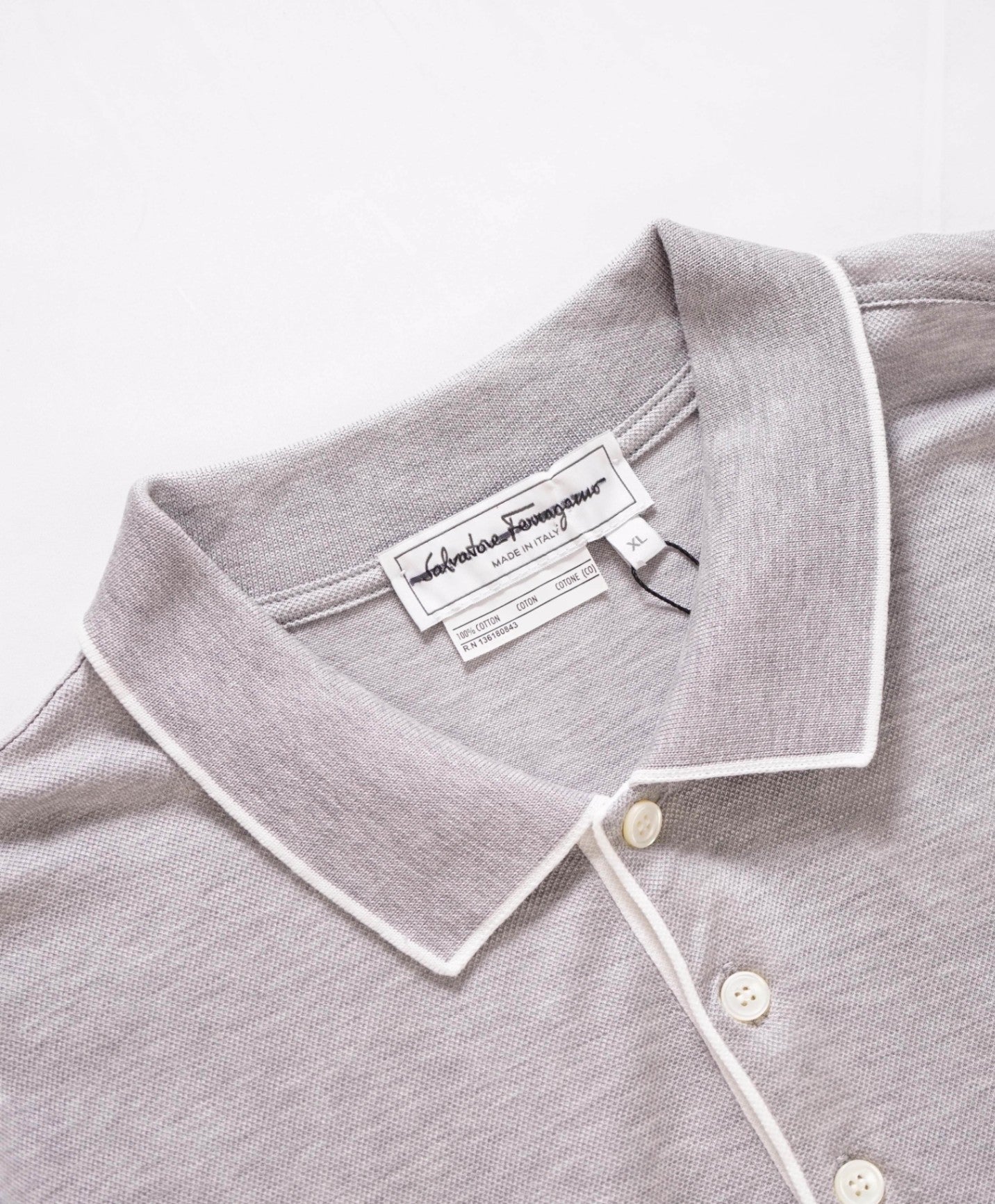 $460 FERRAGAMO - Textured Light Gray Polo Cotton Pocket Shirt - XL