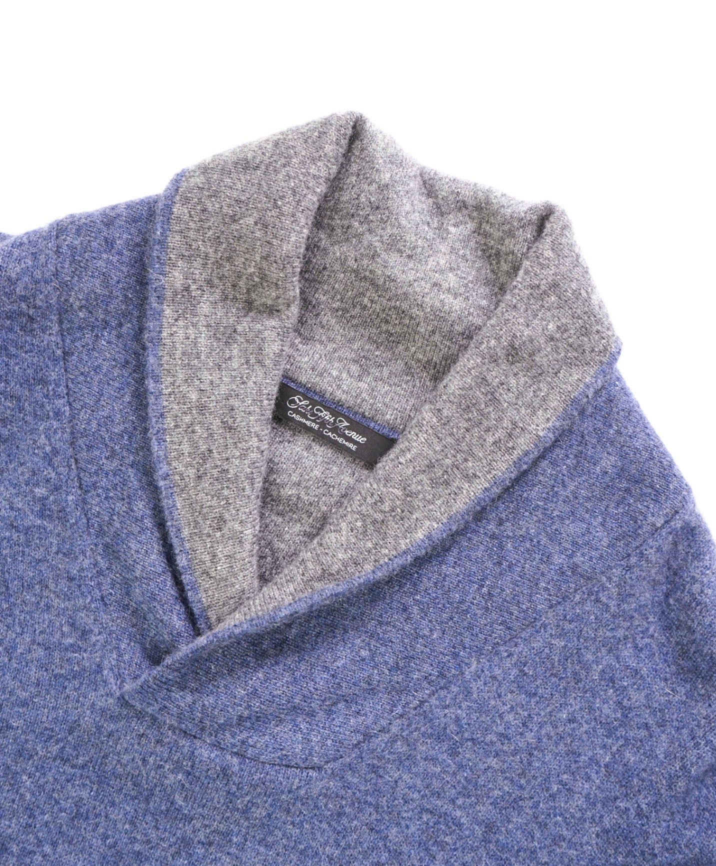 $395 SAKS FIFTH AVENUE Blue/Gray Cashmere Shawl Collar Sweater L