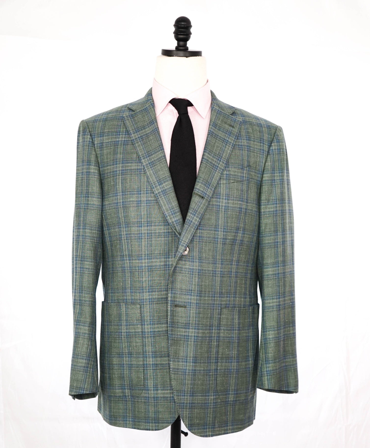 $2,395 ZEGNA - Green/Blue Plaid Wool/Silk/Linen Blazer - 42R
