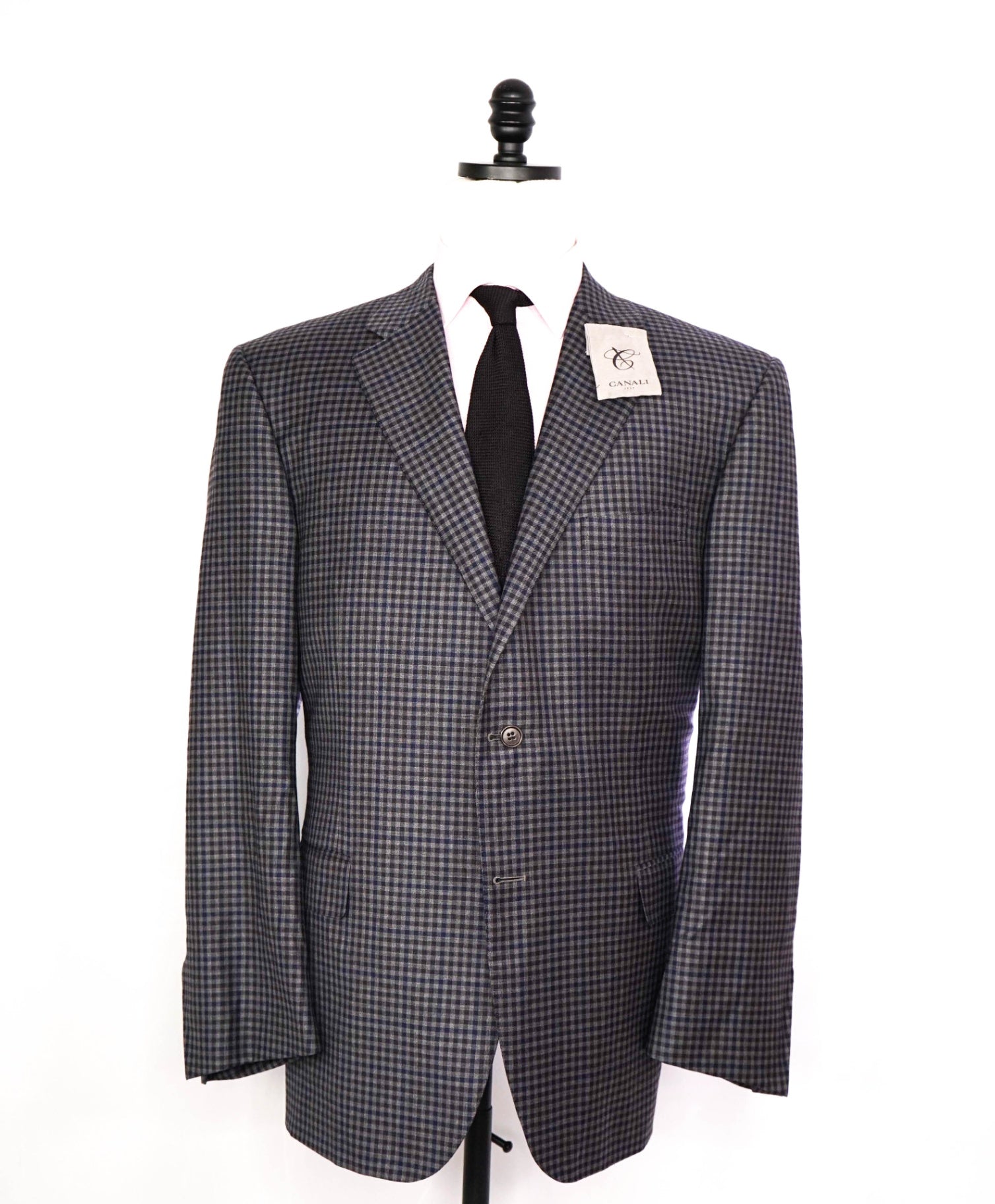 $1,895 Canali - Gray/Navy Gingham Wool Blazer - 48R