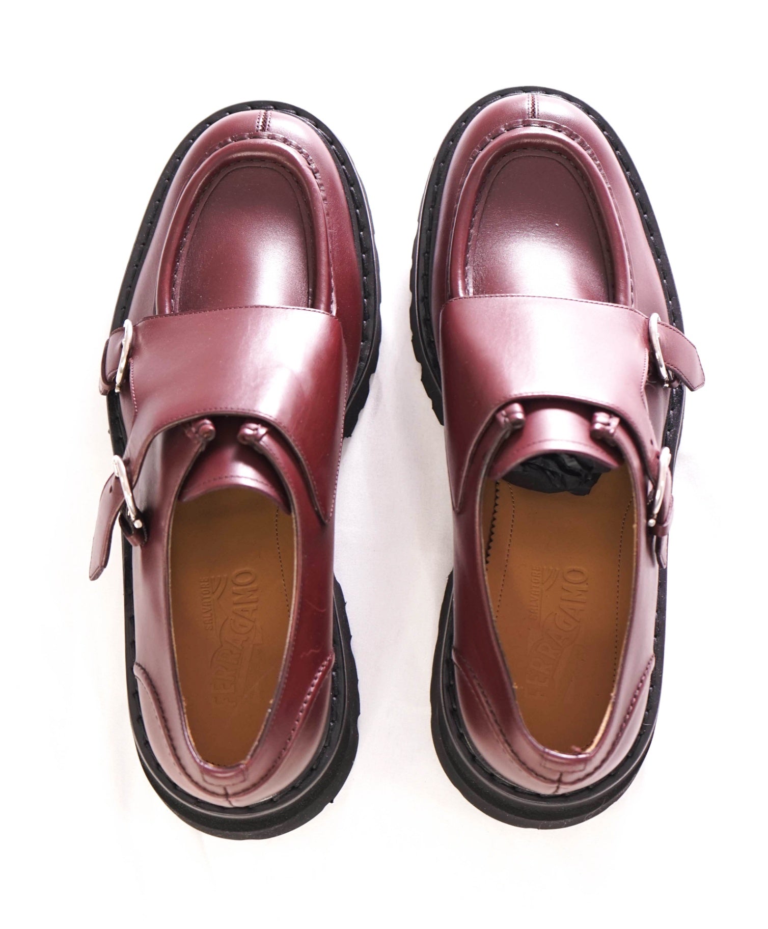 $1,150 SALVATORE FERRAGAMO - Plum Lug Sole Monk Straps - 12 M