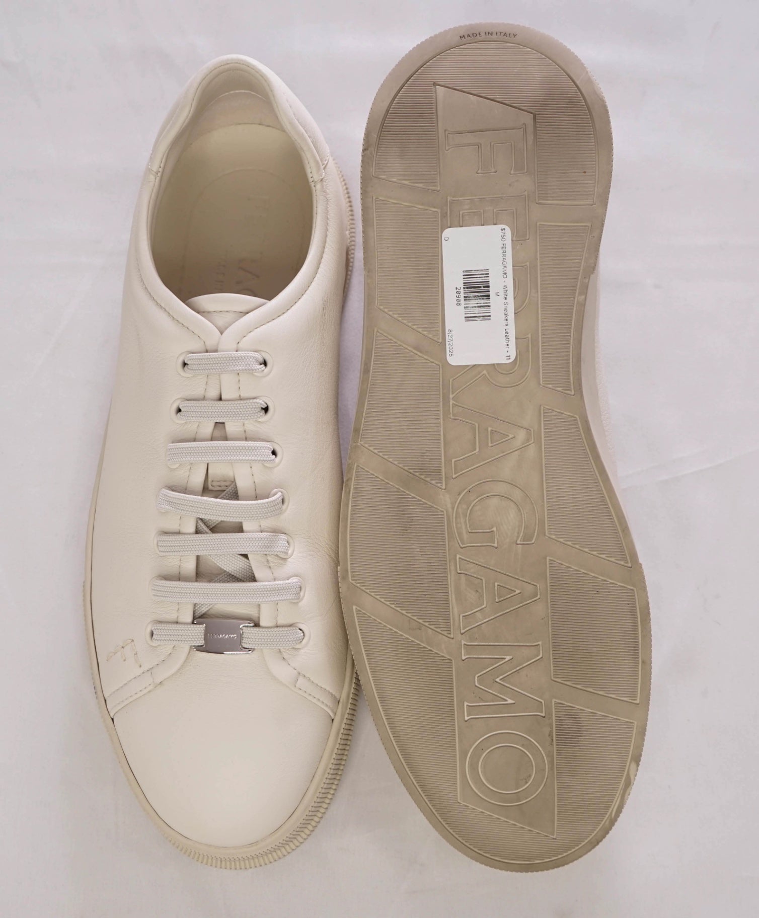 $750 FERRAGAMO - White Ivory Logo Sneakers Leather - 11 M