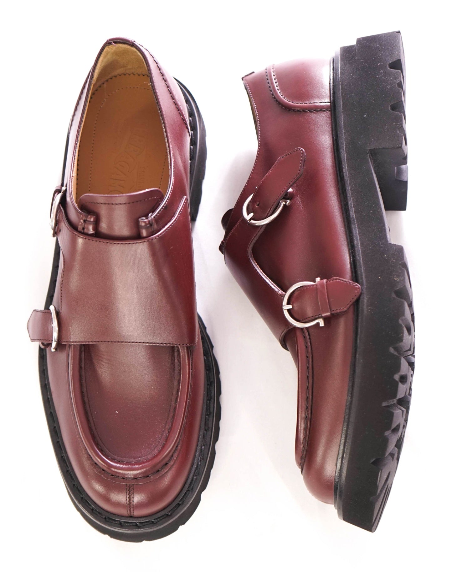 $1,150 SALVATORE FERRAGAMO - Plum Lug Sole Monk Straps - 12 M