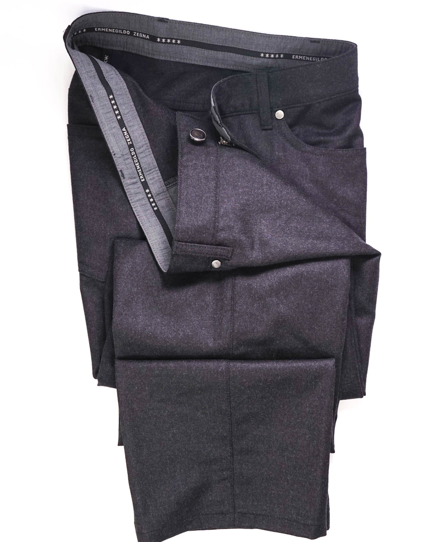 $695.00 ZEGNA - Dark Grey 5-Pocket Flannel Wool Pants - 38W