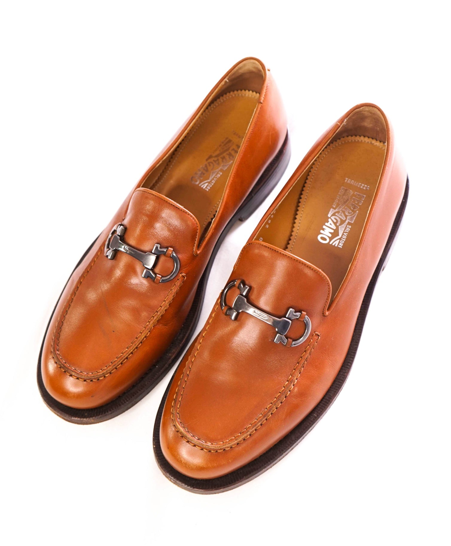 $1,190 FERRAGAMO - "TRAMEZZA" Brown Leather Loafers - 10 EE